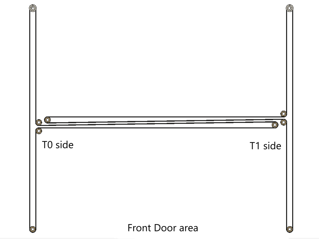 Top-view diagram of the crossbar belt rollers at the T0 and T1 ends of the crossbar, with the front door area marked