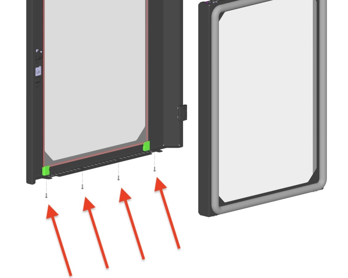 Four bottom hex screws on the inner door panel being removed with a 2 mm hex screwdriver