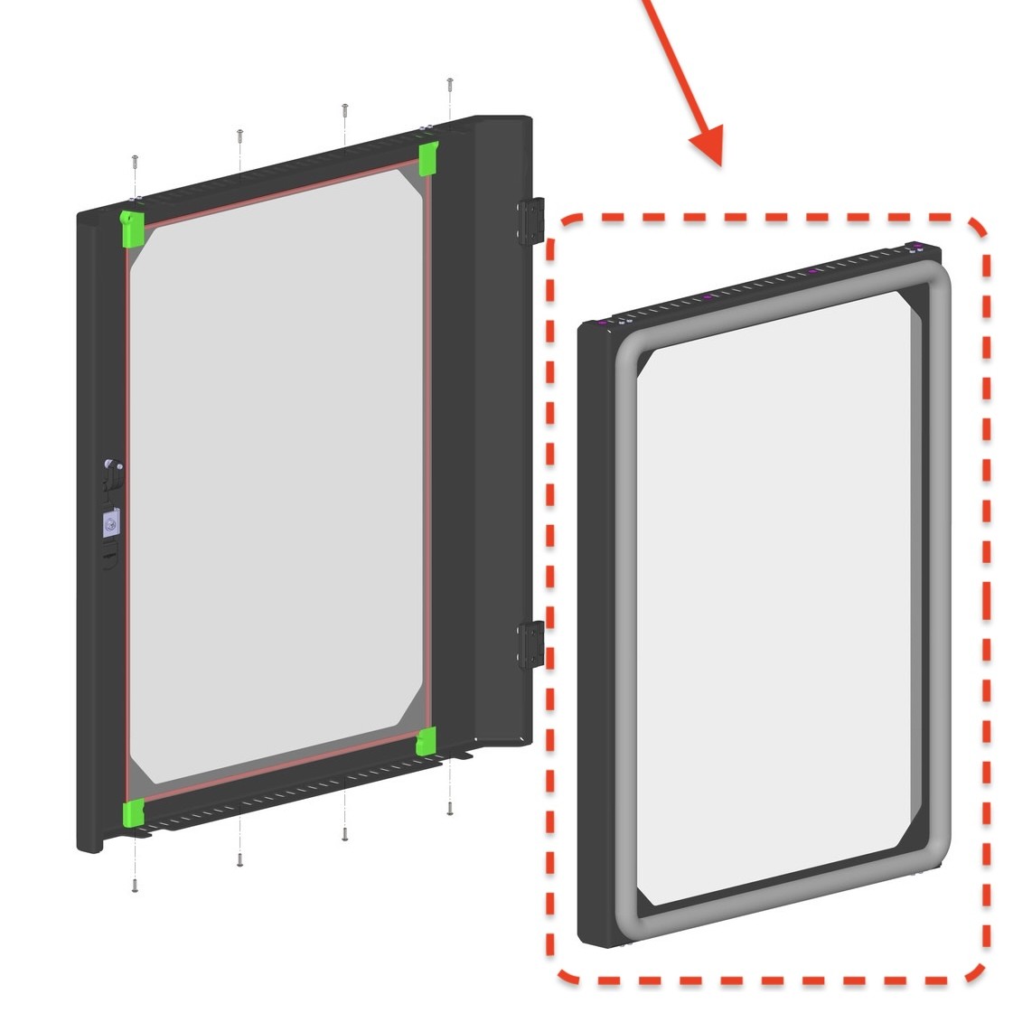 Inner door panel lifted straight out of the outer shell and laid on a flat surface