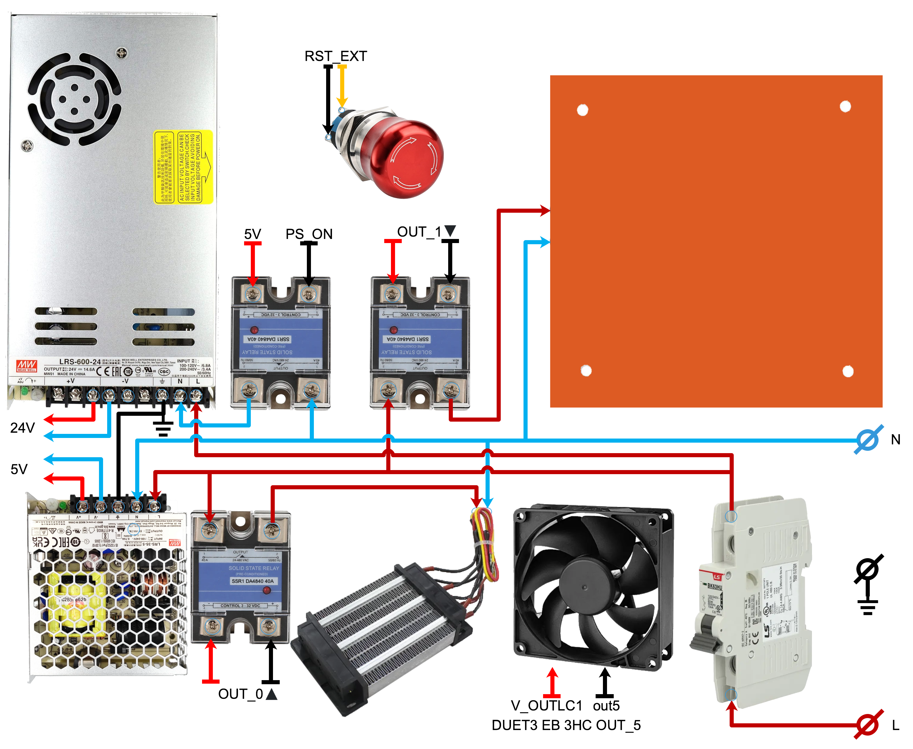 High-voltage wiring schematic showing power supply, SSR, and main board mains connections.