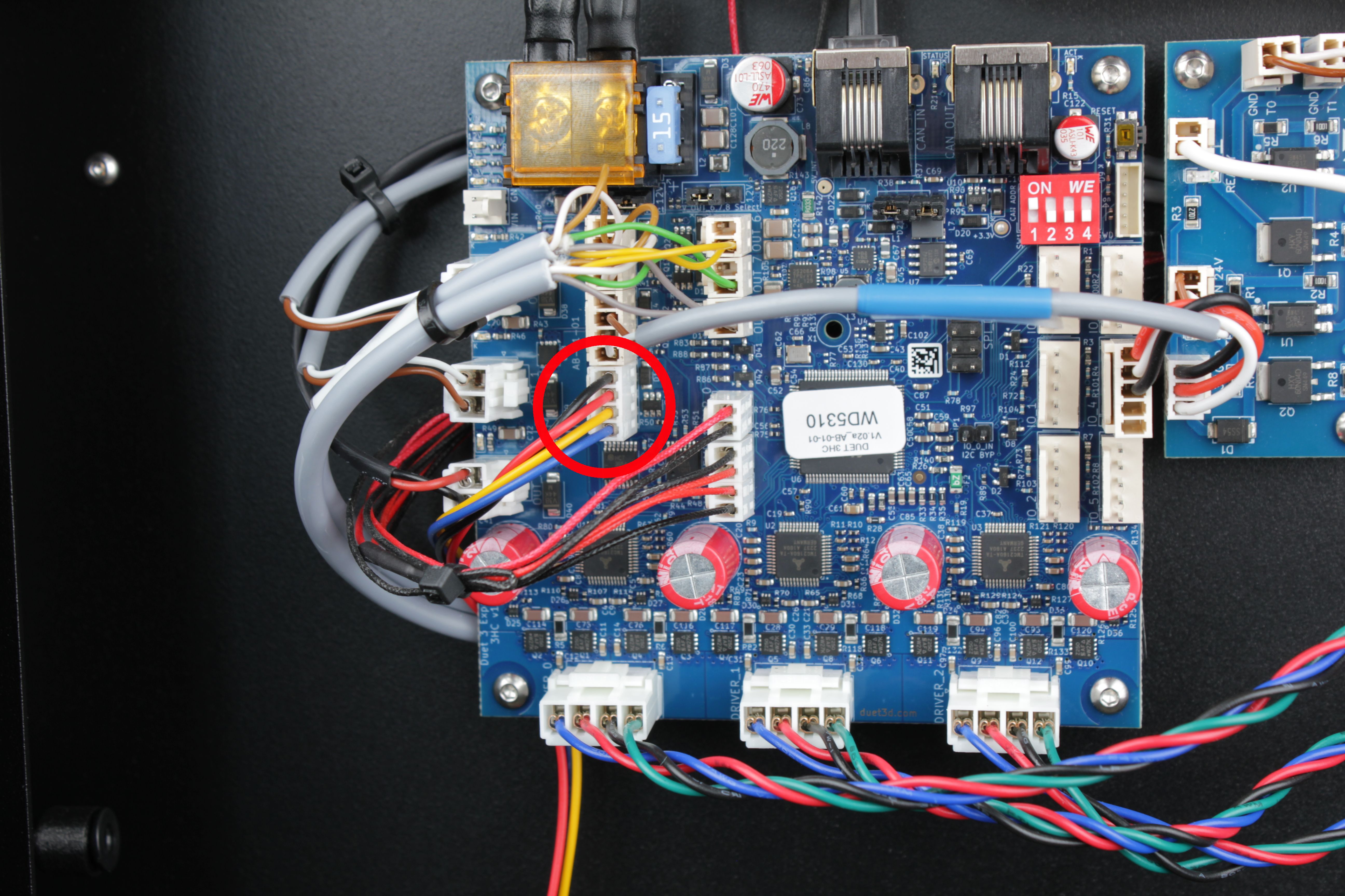 Rear electronics bay \u2014 HEPA fan connector on expansion board