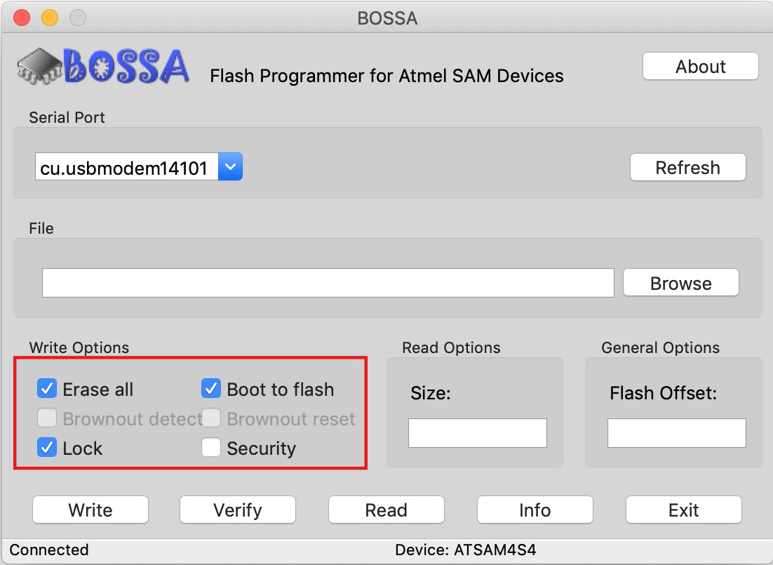 Bossa software with Erase all, Lock, and Boot to flash checkboxes