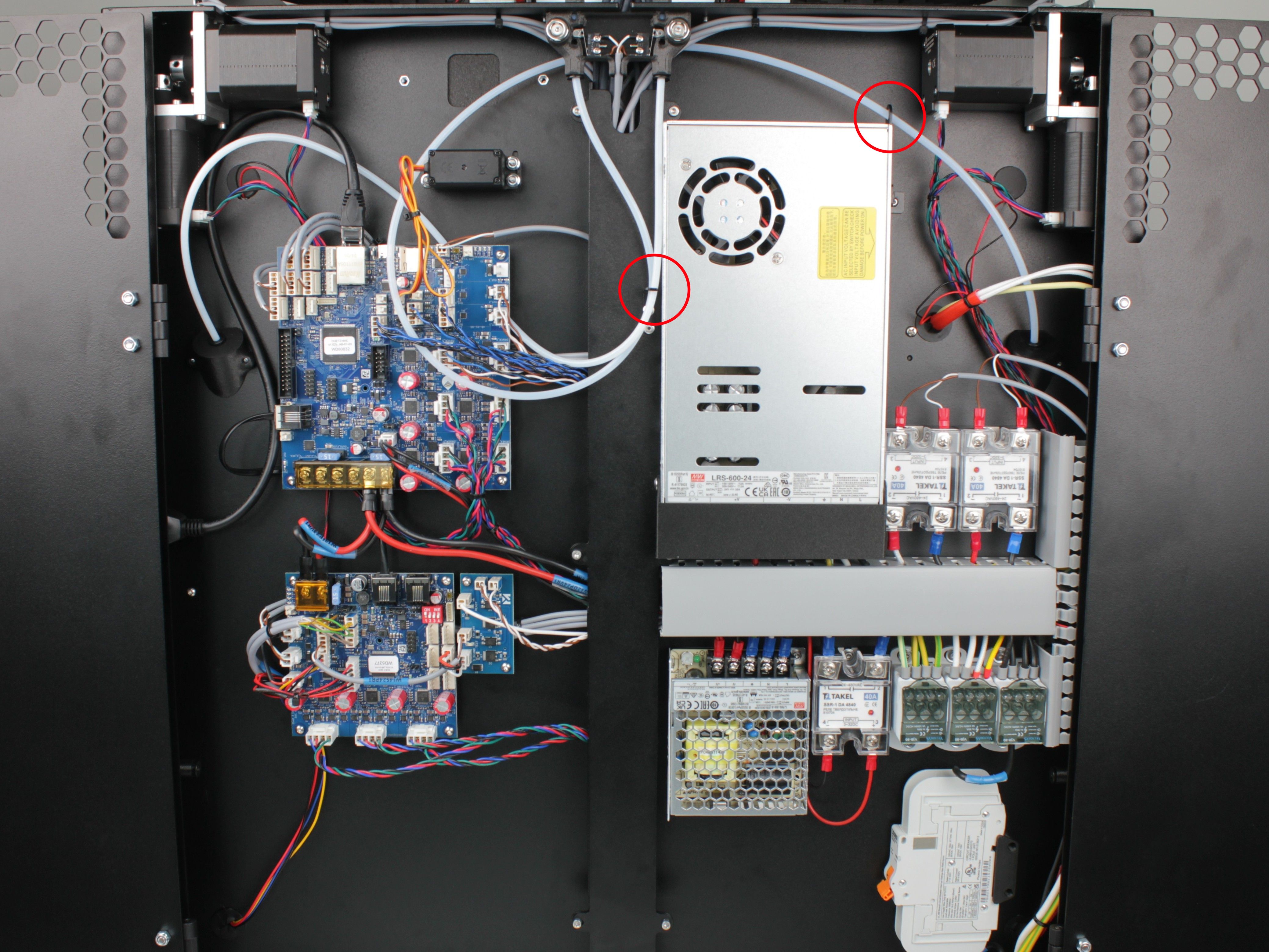 Fully reassembled electronics bay, terminal cover and filament routing