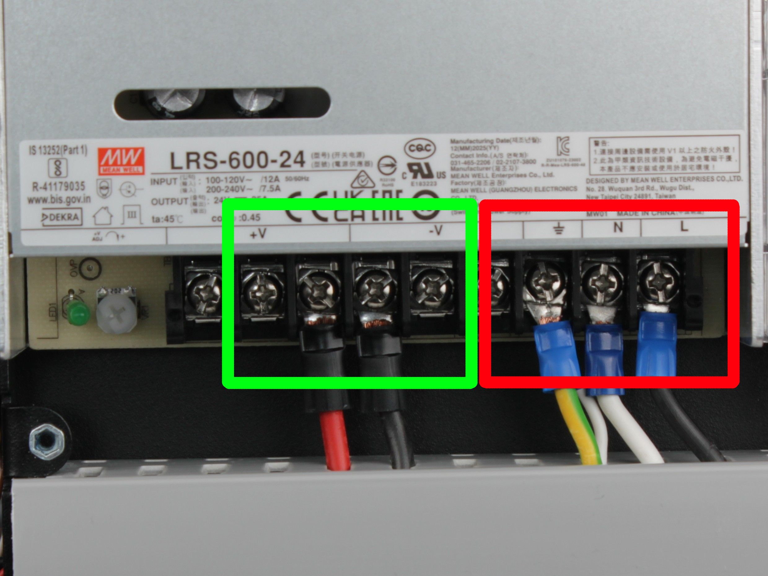 PSU terminals with all wires connected, labels and colors visible
