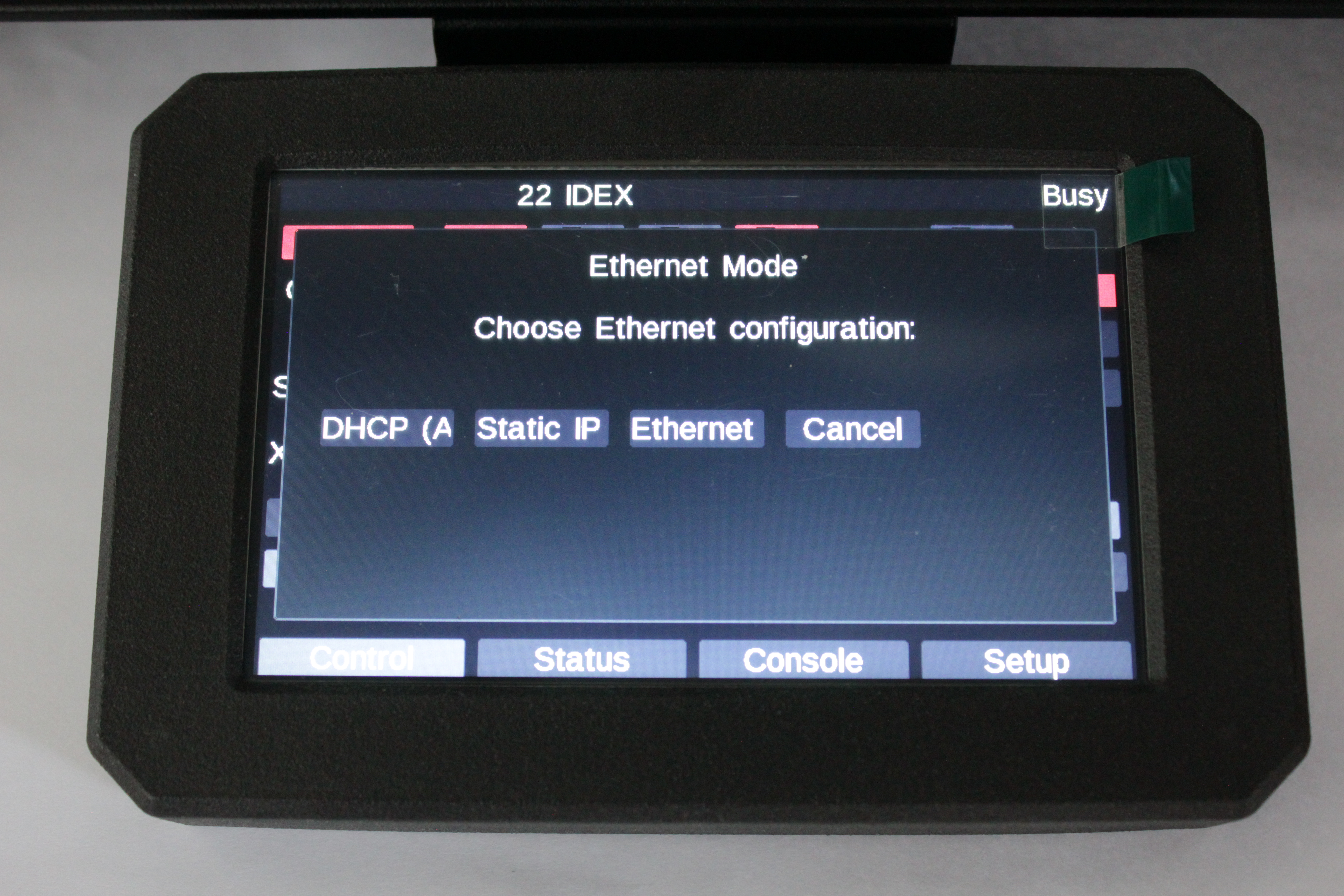 Touchscreen Ethernet Mode dialog showing DHCP, Static IP, Ethernet to PC, and Cancel