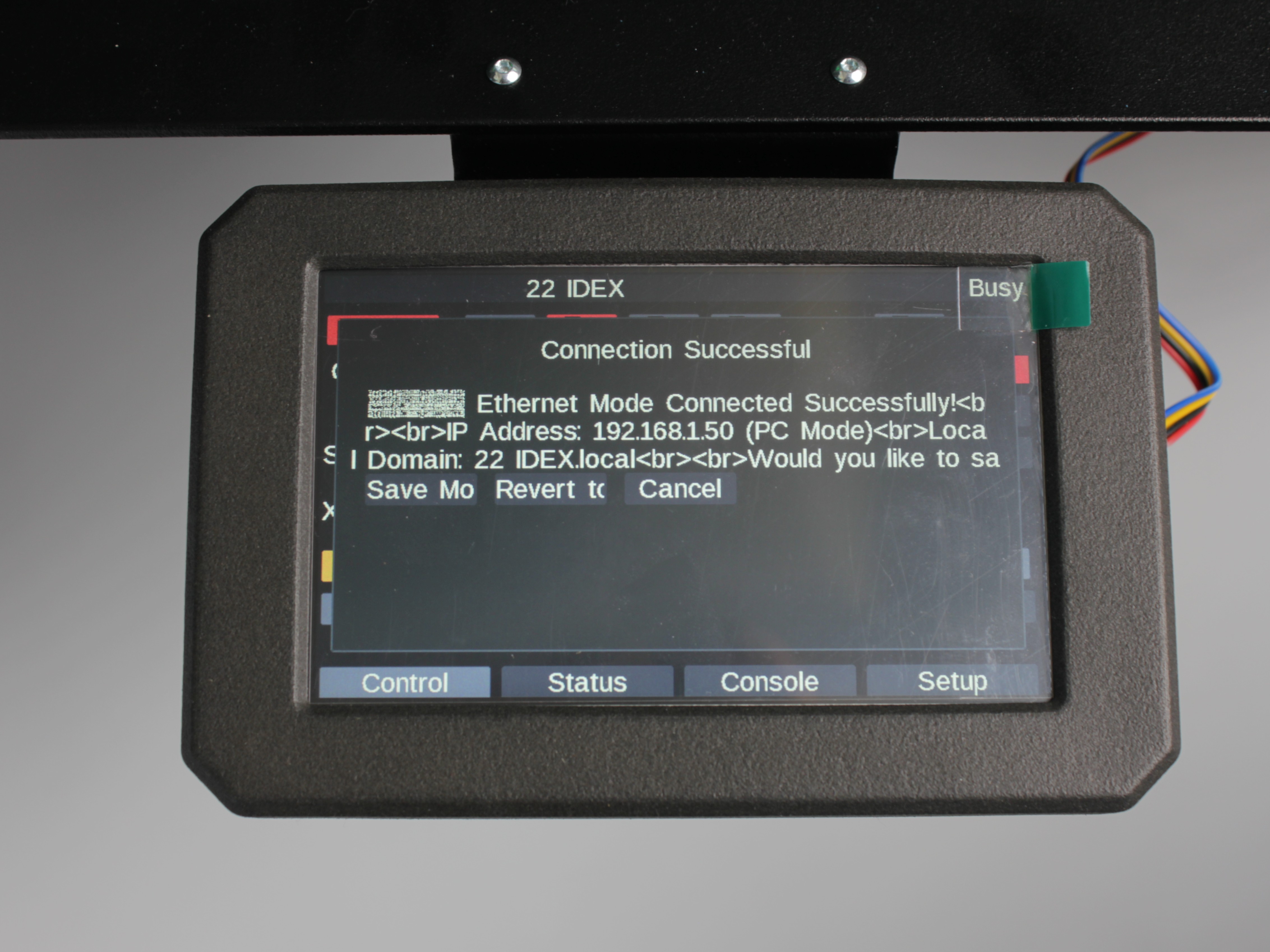 Touchscreen - network connected confirmation with IP address