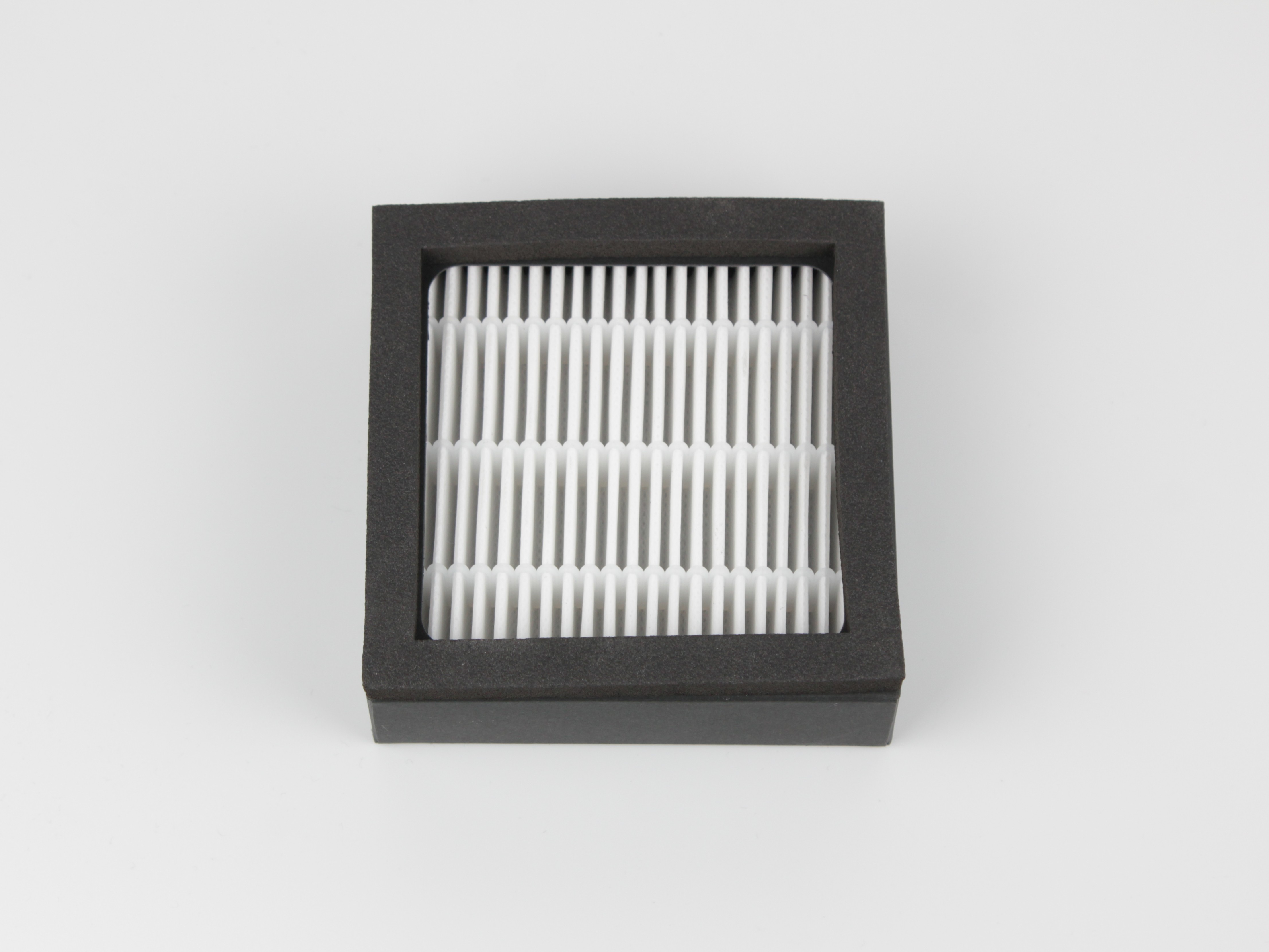 HEPA filter showing white pleated fabric outlet side with gasket already attached.