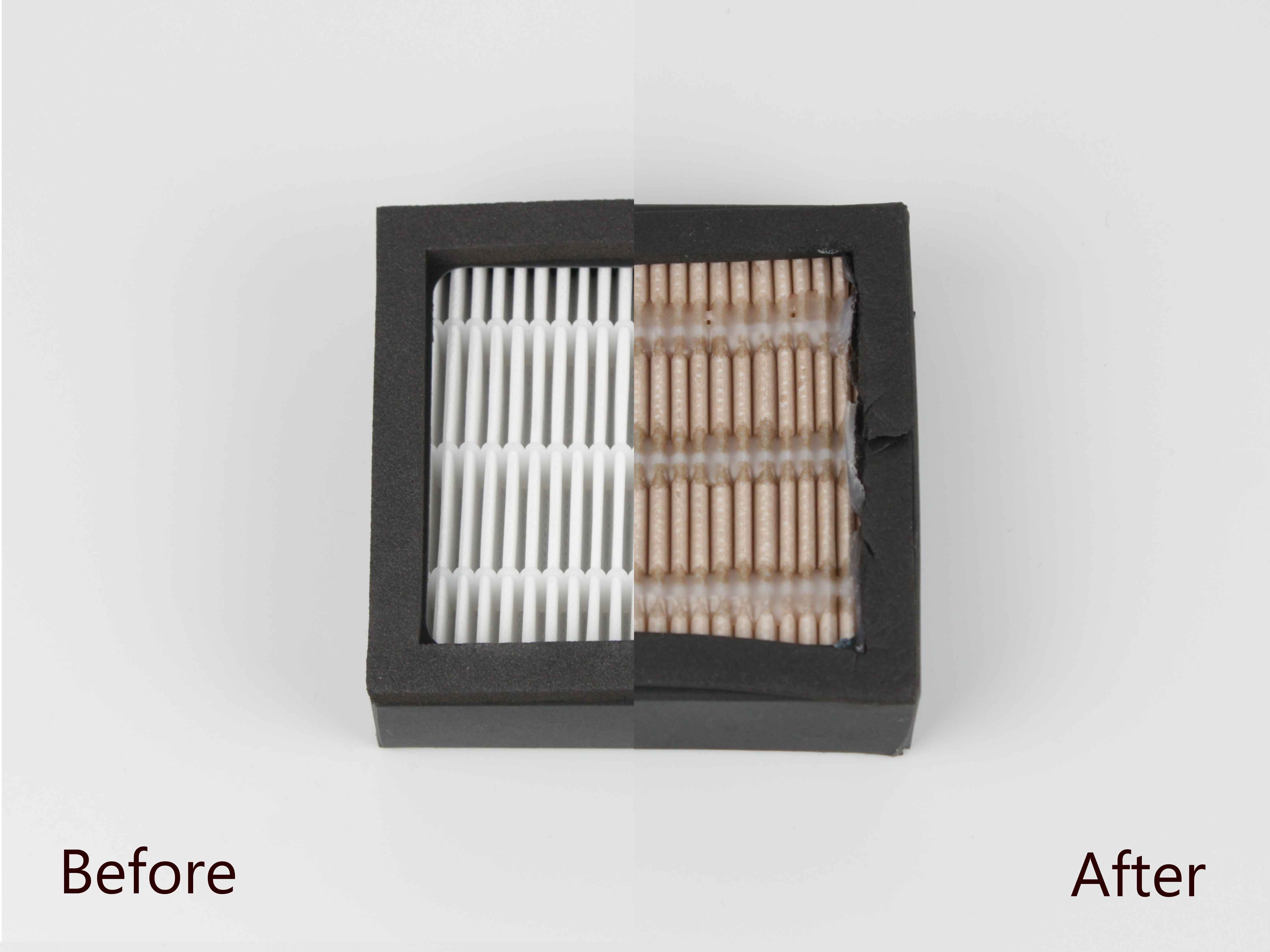 Comparison showing used filter with discolored white fabric next to clean new filter.
