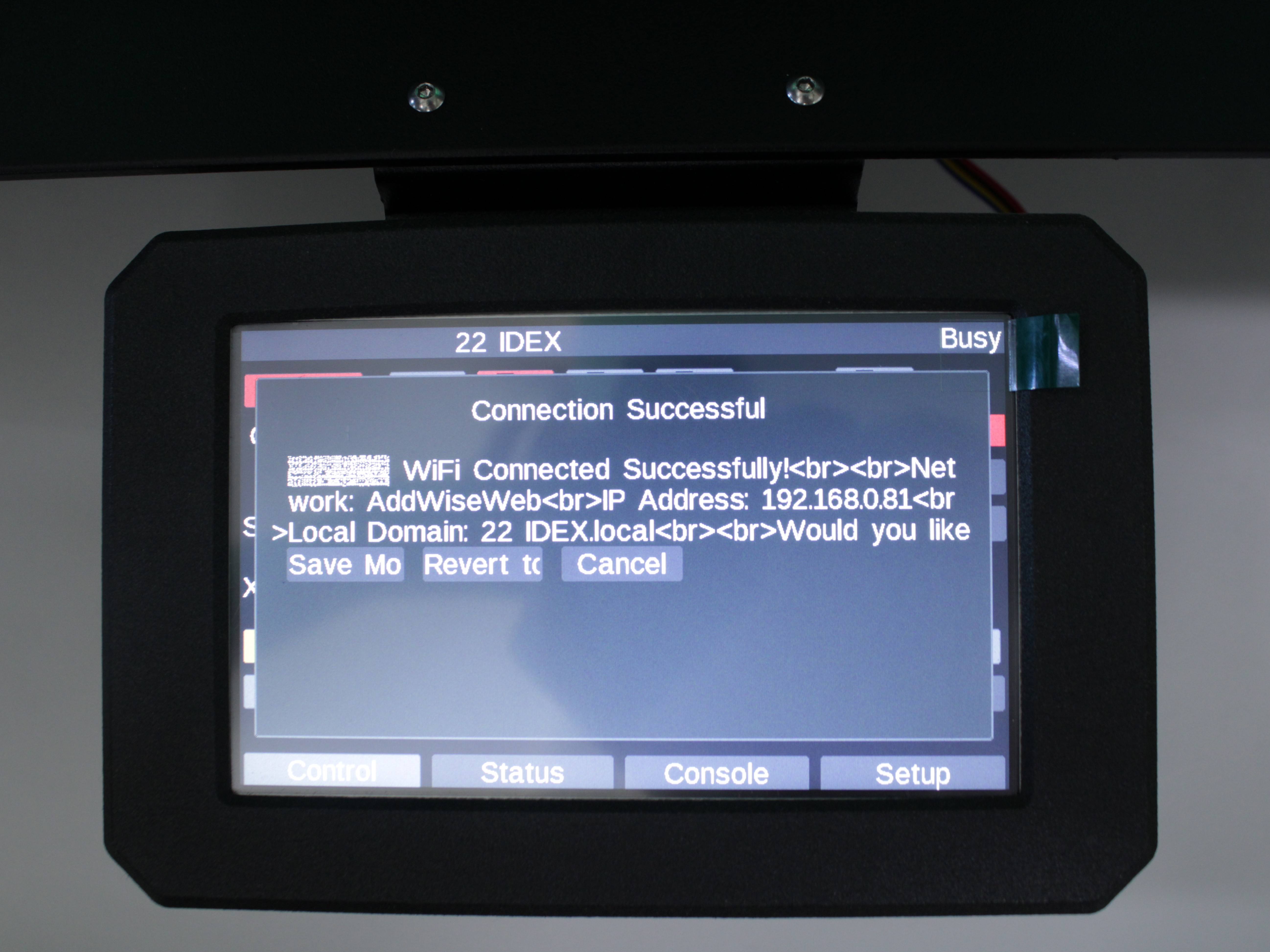 PanelDue screen showing the Connection Successful dialog with network name, IP address, local domain, and Save Mode / Revert to Previous / Cancel buttons