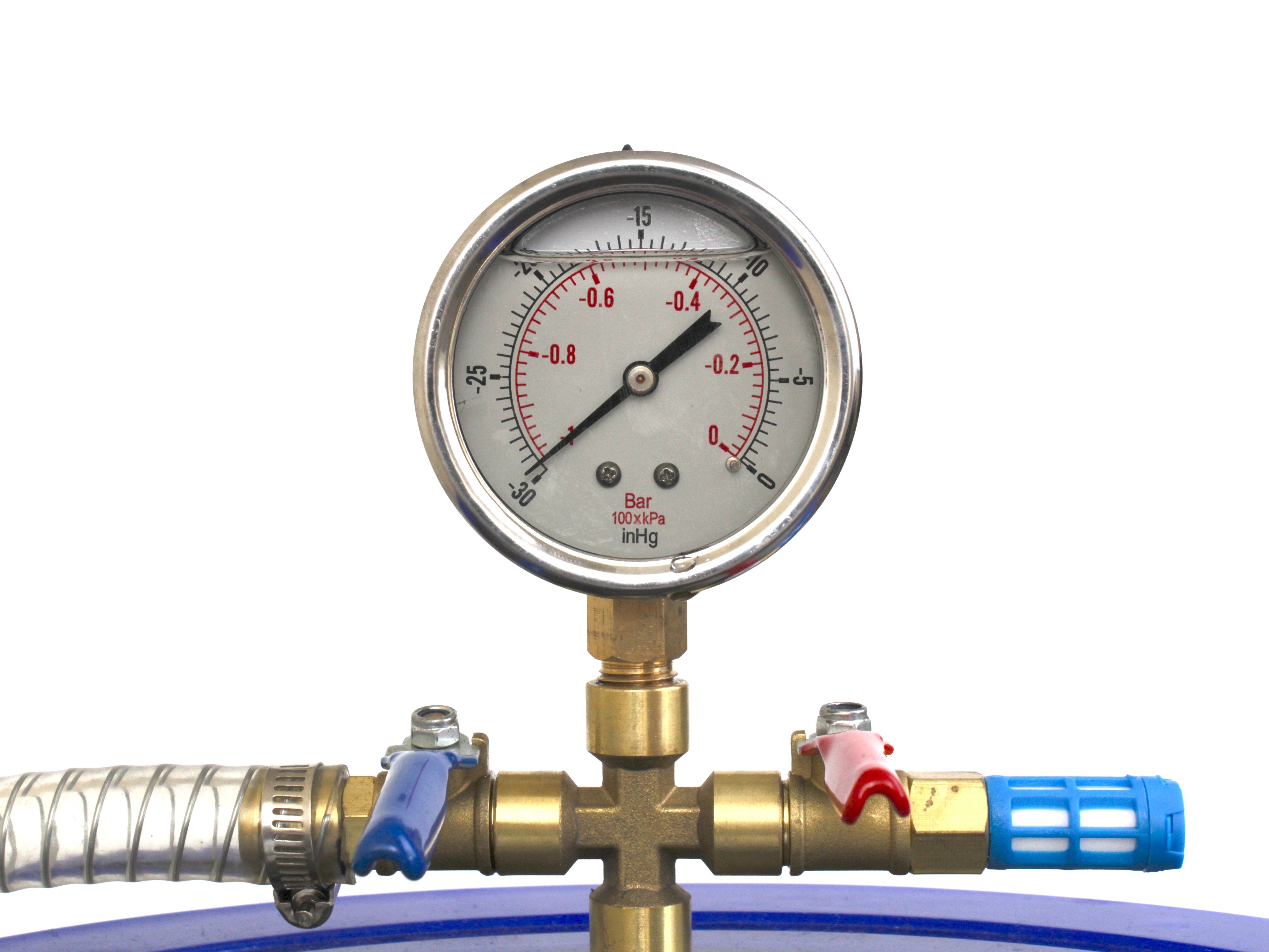 Vacuum chamber gauge reading full vacuum, with the blue pump valve on the left and the red vent valve on the right
