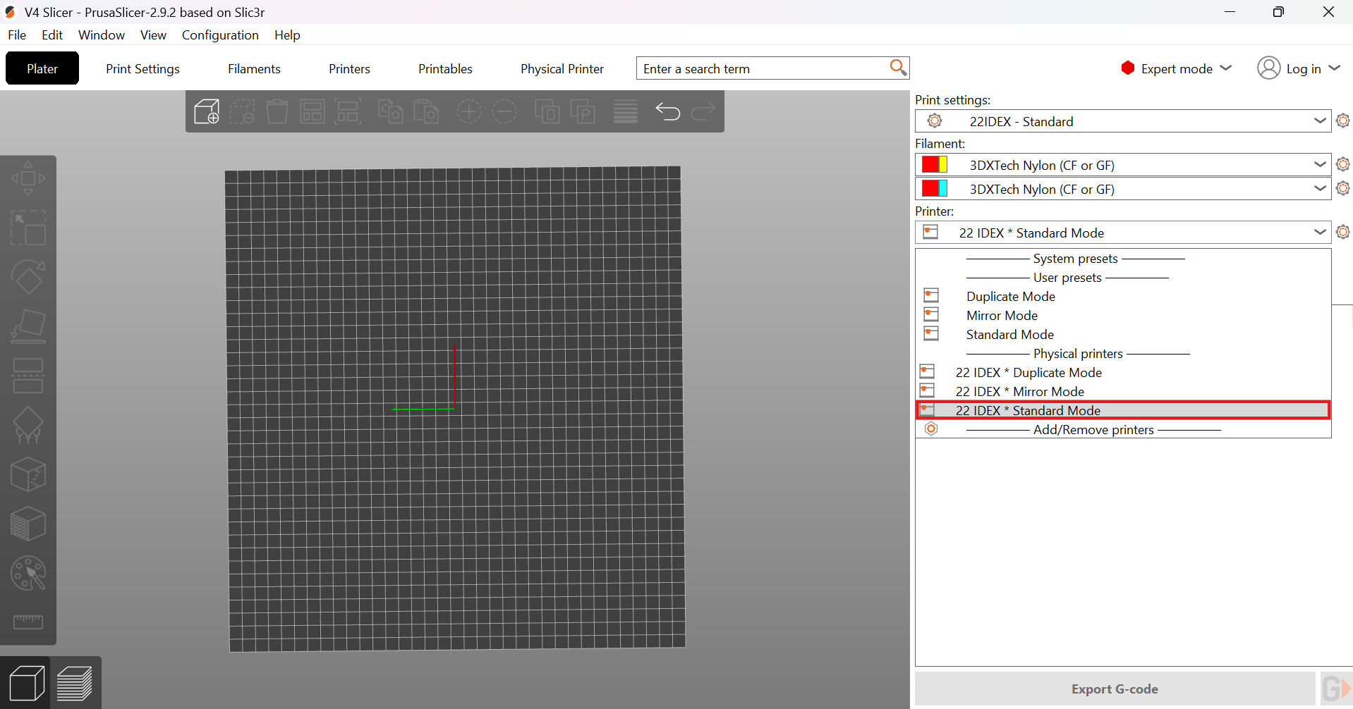 Printer dropdown menu on Plater tab showing '22IDEX * Standard Mode' selected among available printer profiles