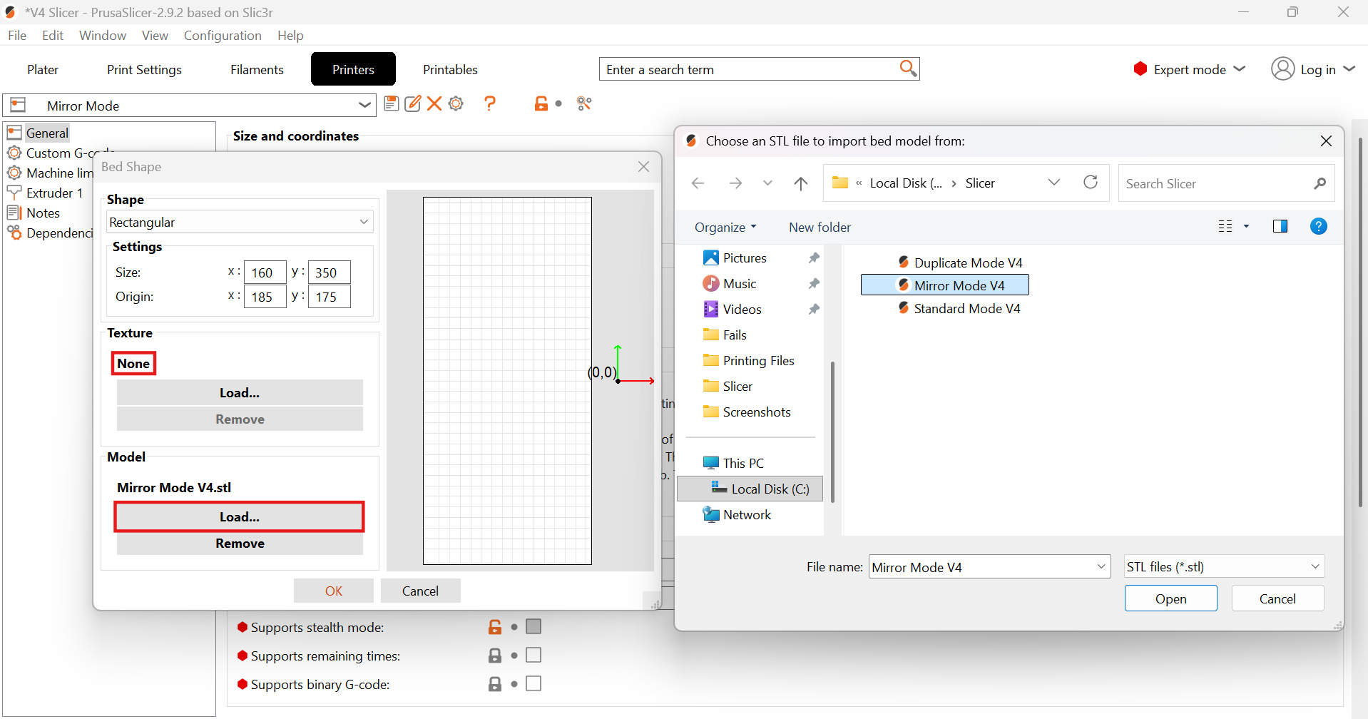 Bed shape dialog for Mirror or Duplicate Mode showing only the Model loaded (Mirror/Duplicate STL file) with the Texture field intentionally left empty