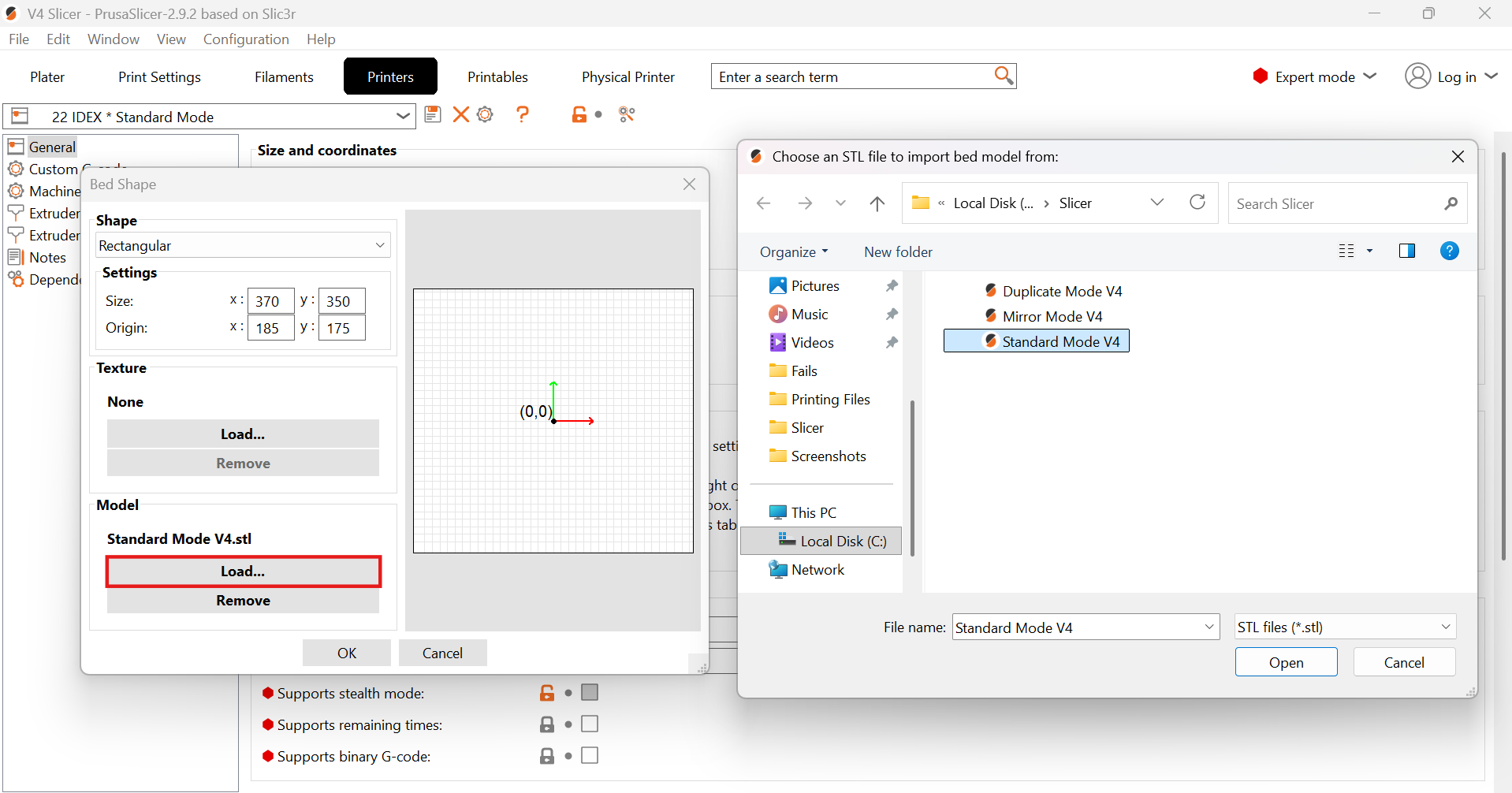 Bed shape dialog showing the Model section with 'Load...' button for selecting the Standard Mode STL file from Build Plate Models folder