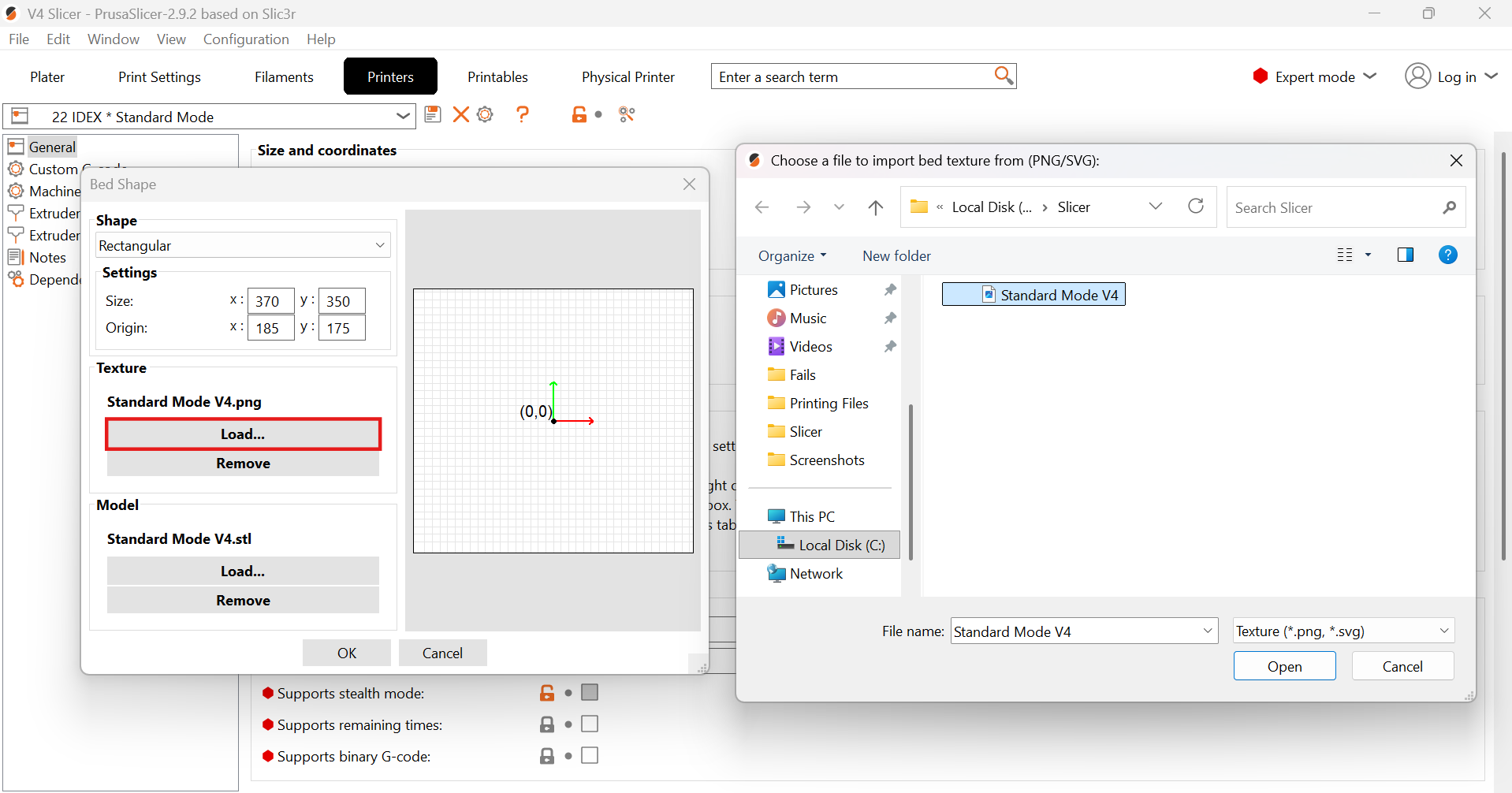Bed shape dialog showing the Texture section with 'Load...' button for selecting the grids PNG texture file that displays toolhead docking zones