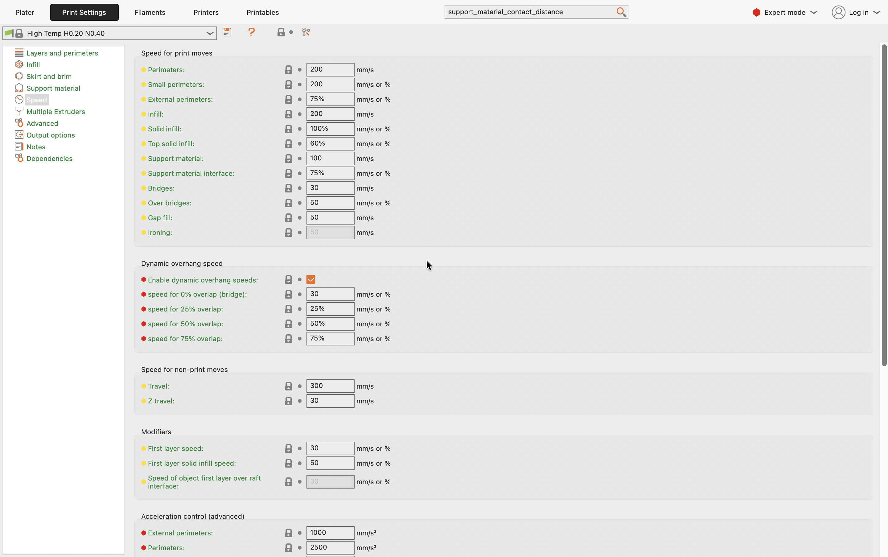 PrusaSlicer Print Settings Speed page showing Bridges speed and the Dynamic overhang speed section with per-overlap values