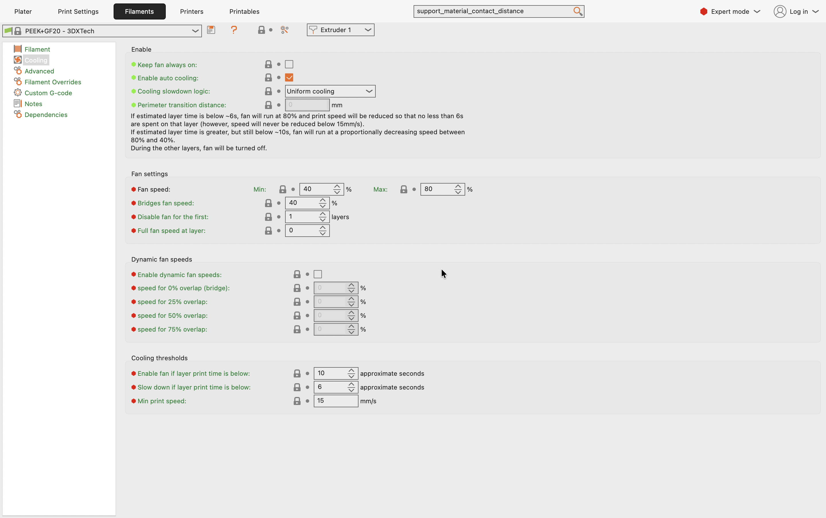 PrusaSlicer Filaments Cooling page with Bridges fan speed raised to 40 percent and Dynamic fan speeds disabled