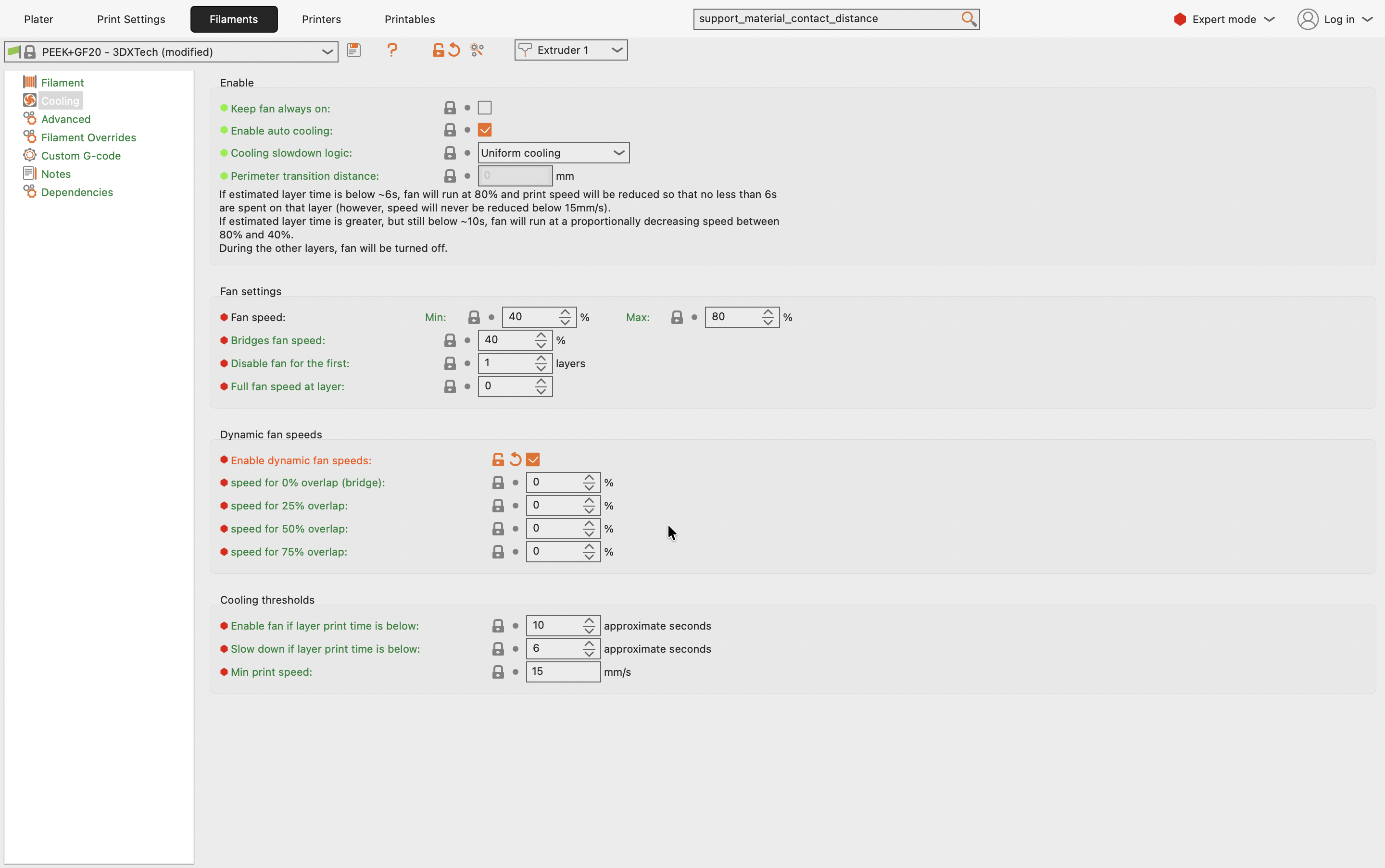 PrusaSlicer Filaments Cooling page with Enable dynamic fan speeds ticked and every per-overlap fan field still sitting at zero percent