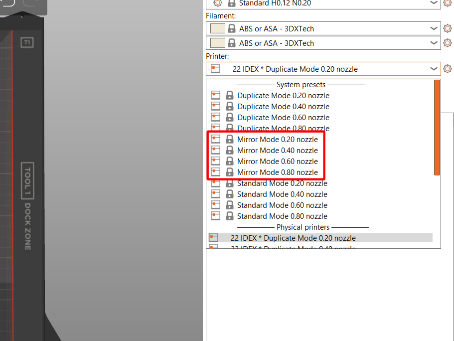 Slicer printer preset list with the Mirror Mode presets highlighted