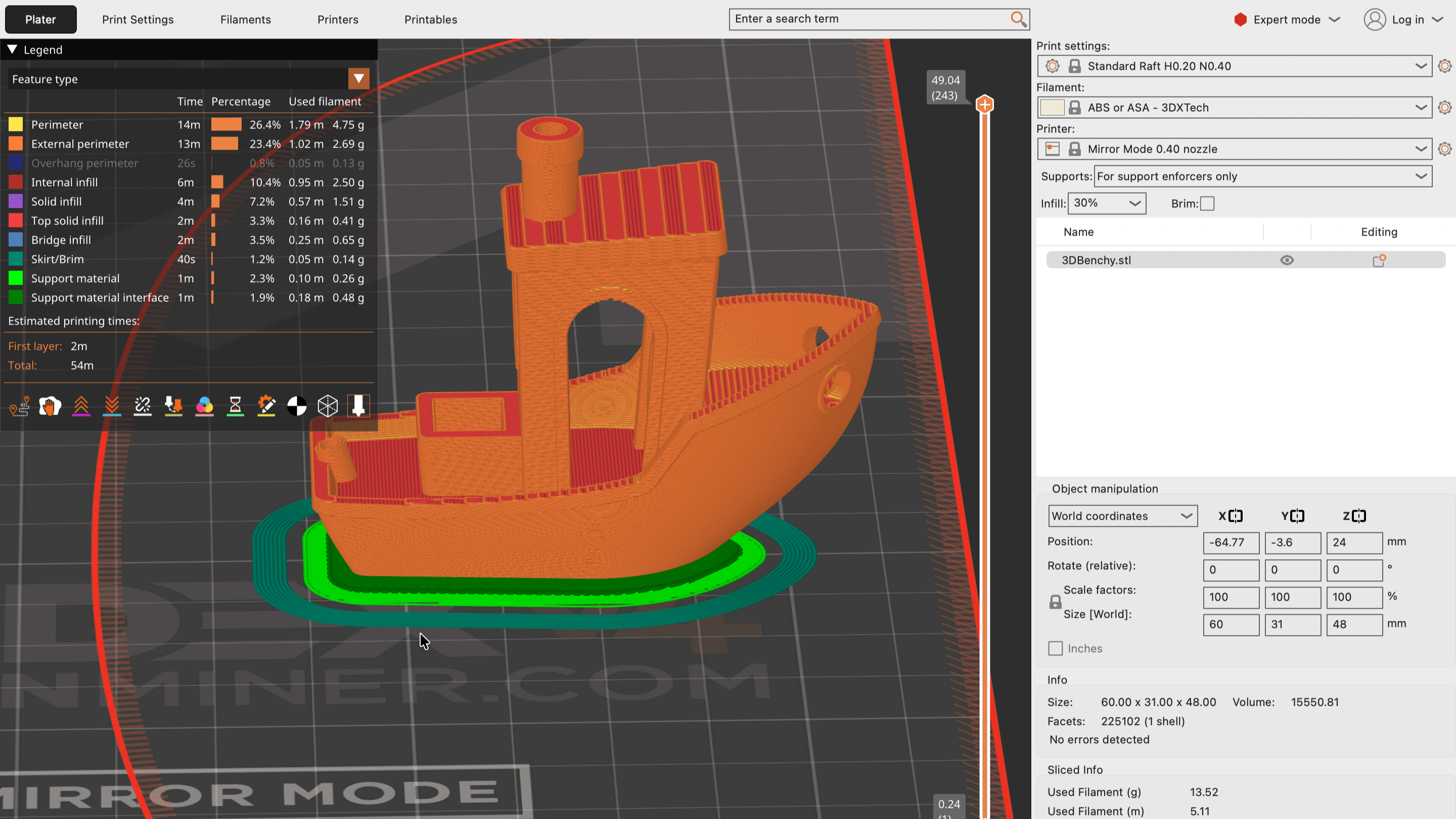 PrusaSlicer preview showing a part sitting on a raft, with the raft layers visible underneath