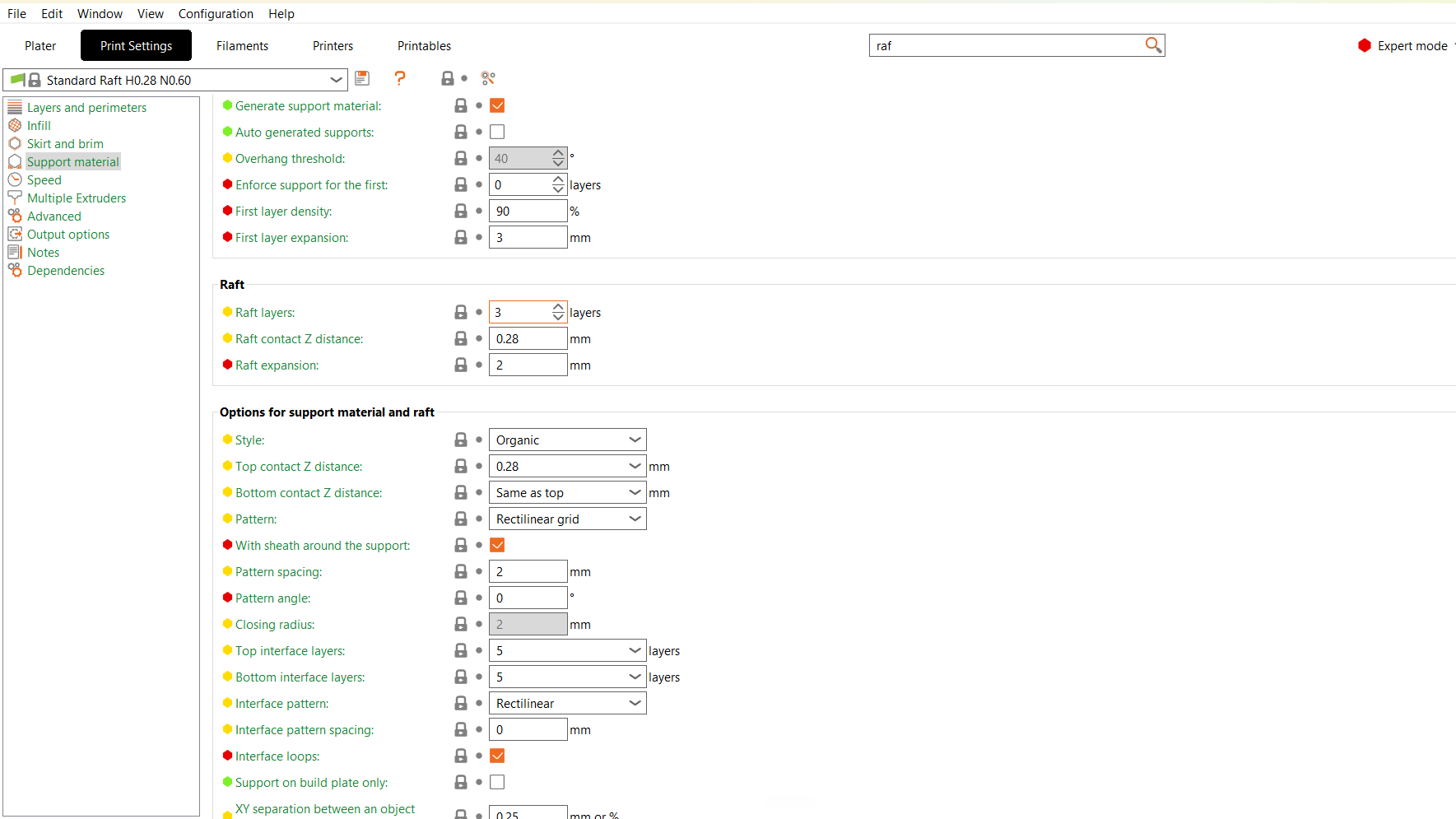 PrusaSlicer Print Settings, Support material page with the Raft section