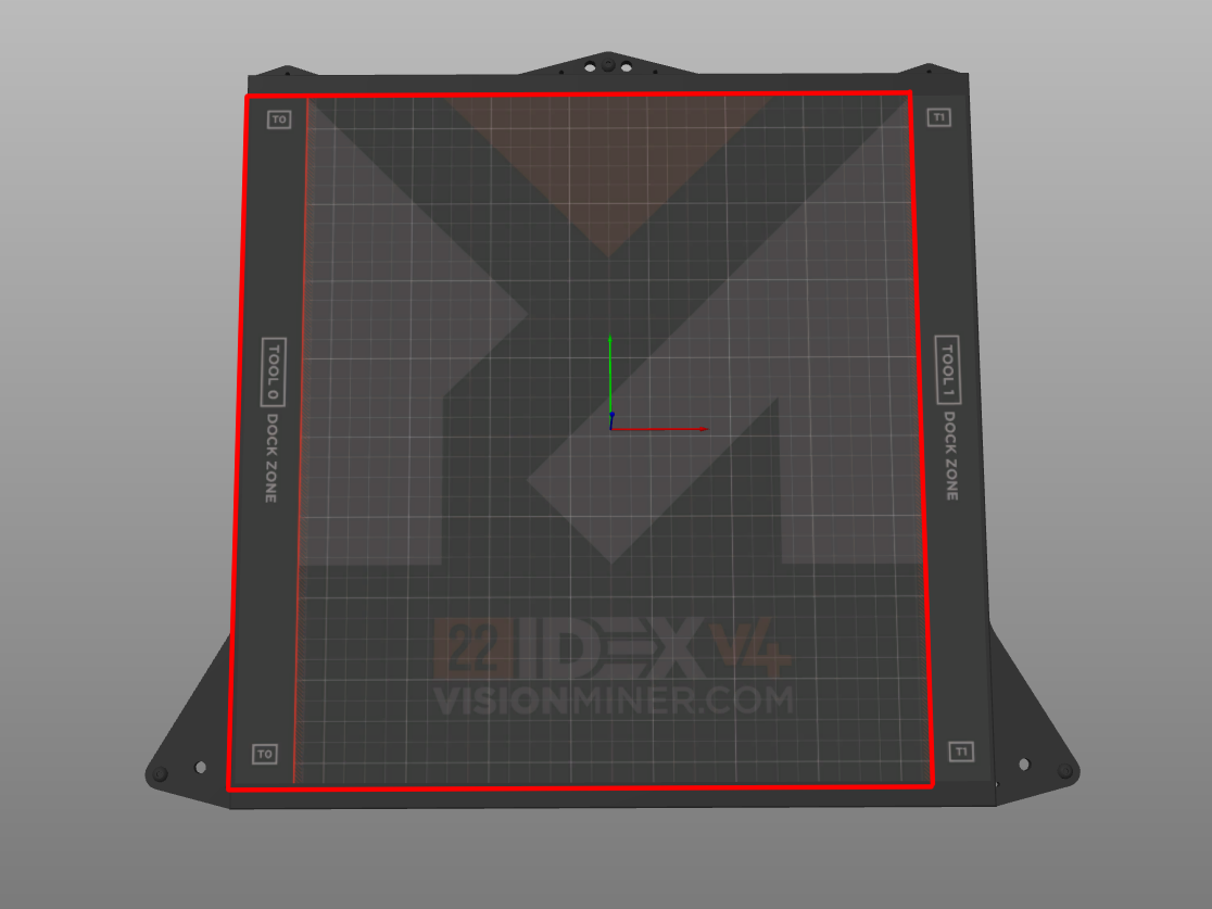 Build plate with the Tool 0 print zone outlined