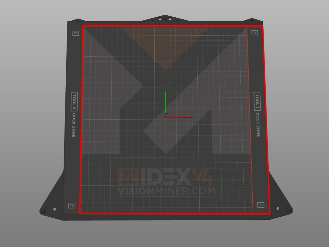 Build plate with the Tool 1 print zone outlined