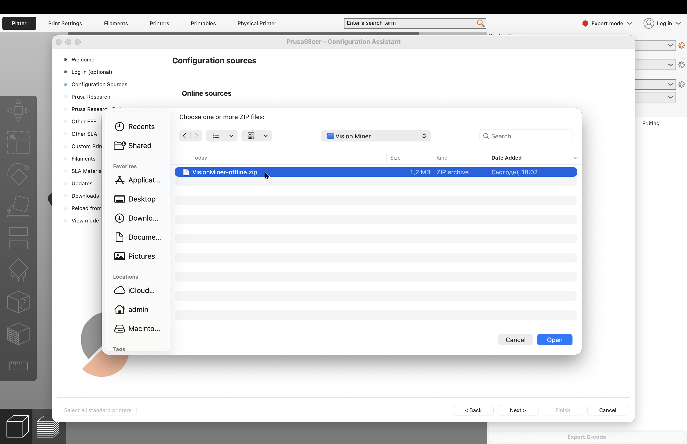 Configuration Sources page with Load or + button highlighted to add local archive