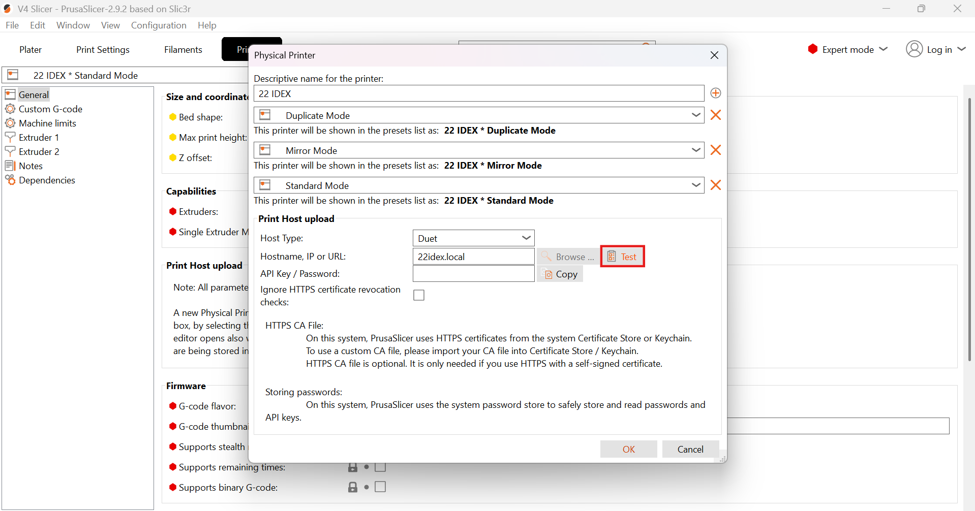 Physical Printer configuration dialog showing Hostname field (set to 22idex.local or IP address), Test button, and OK/Cancel buttons