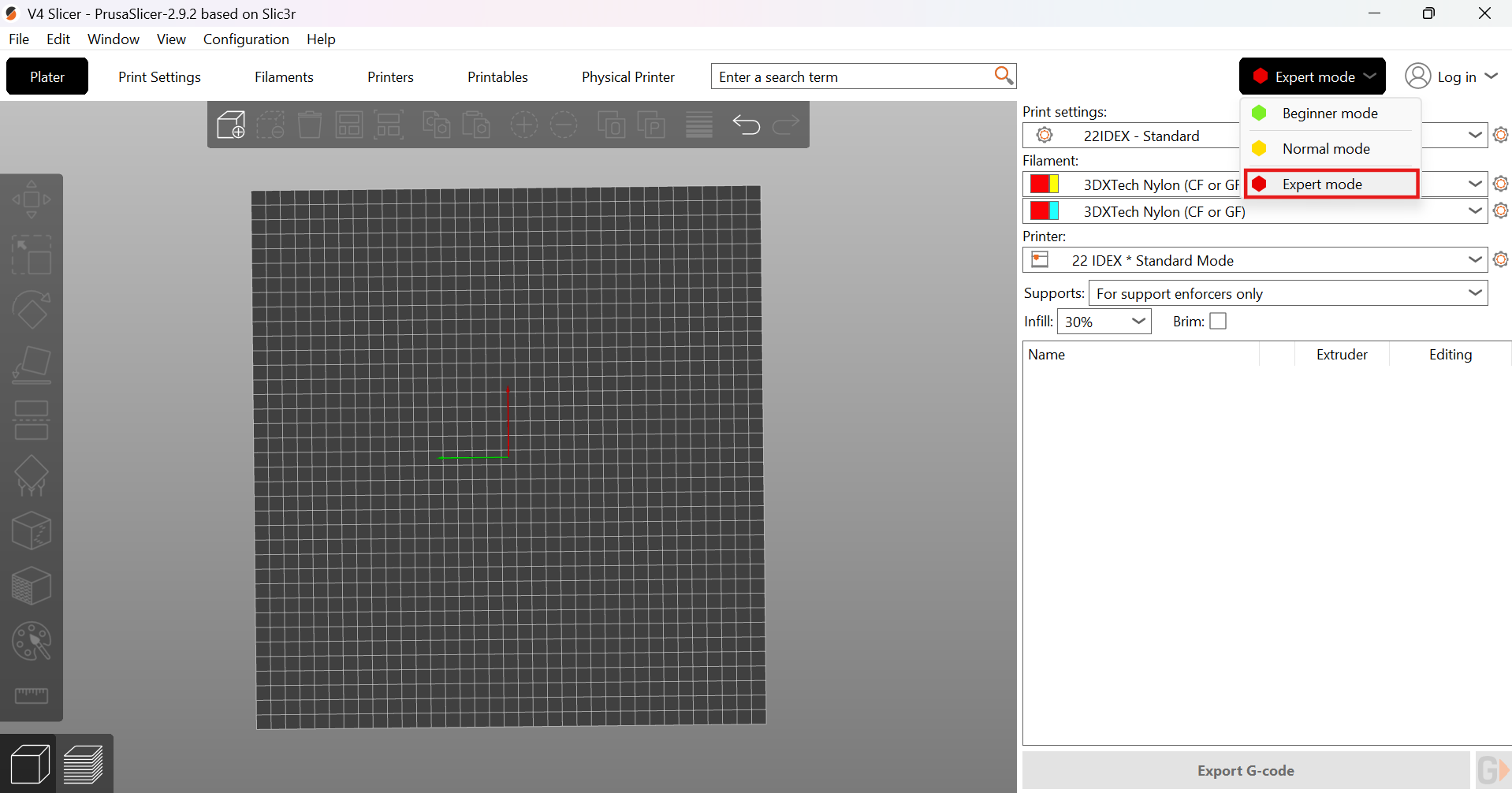 PrusaSlicer interface showing Expert mode toggle button enabled in the top-right corner of the window