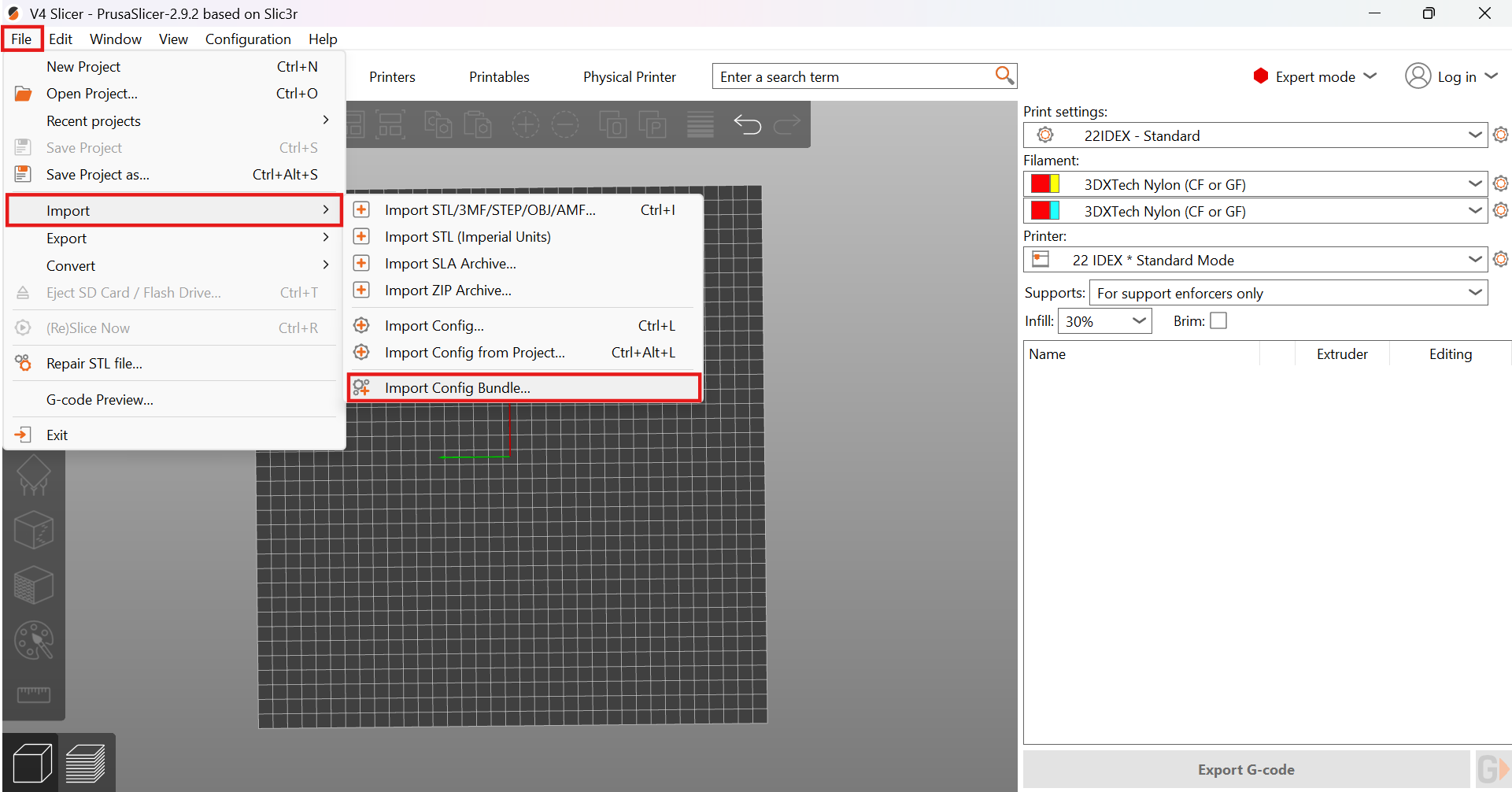 PrusaSlicer menu: File > Import > Import Config Bundle dialog with file picker showing the .ini config bundle file
