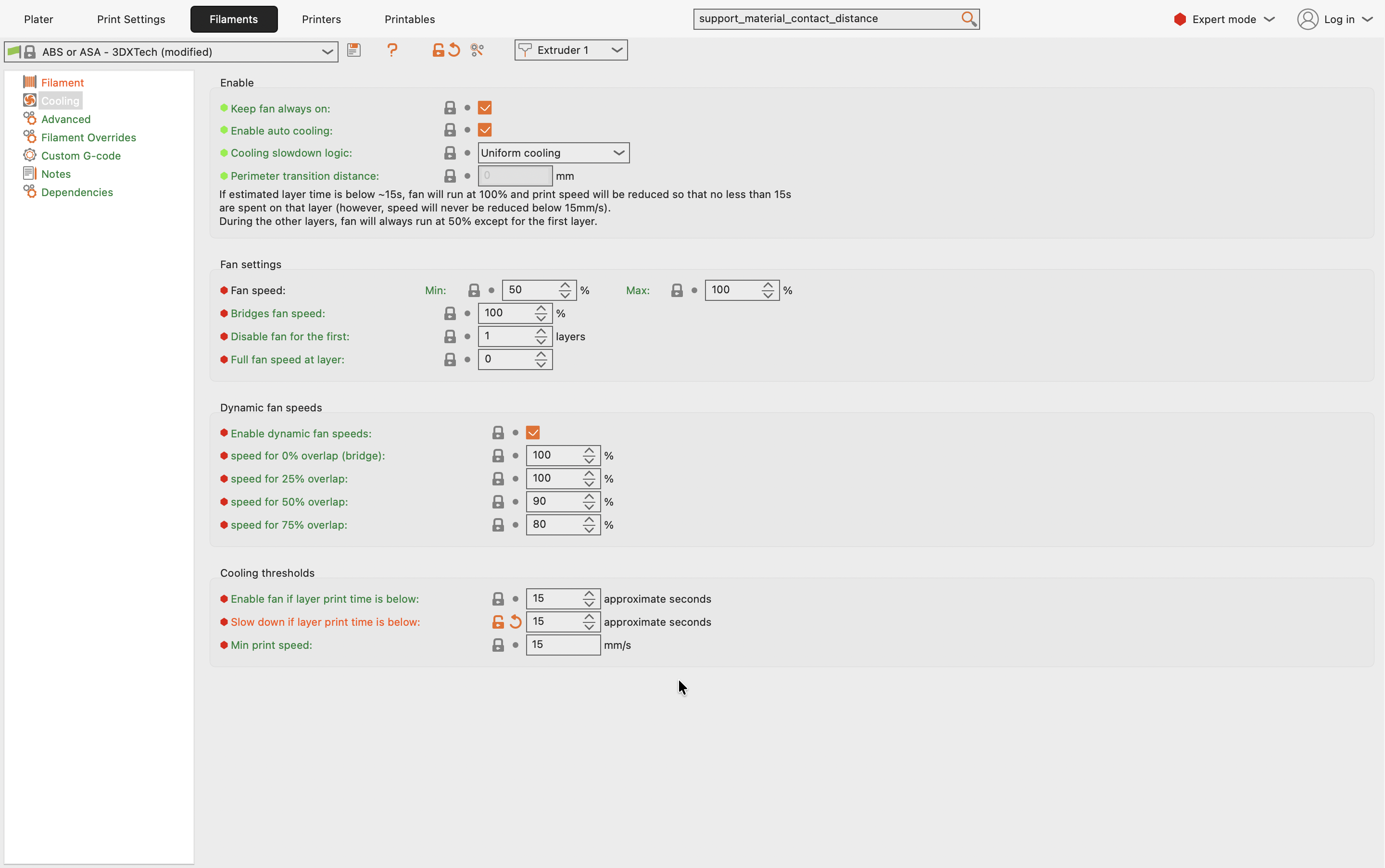 PrusaSlicer Cooling thresholds with Slow down if layer print time is below set to 15 seconds