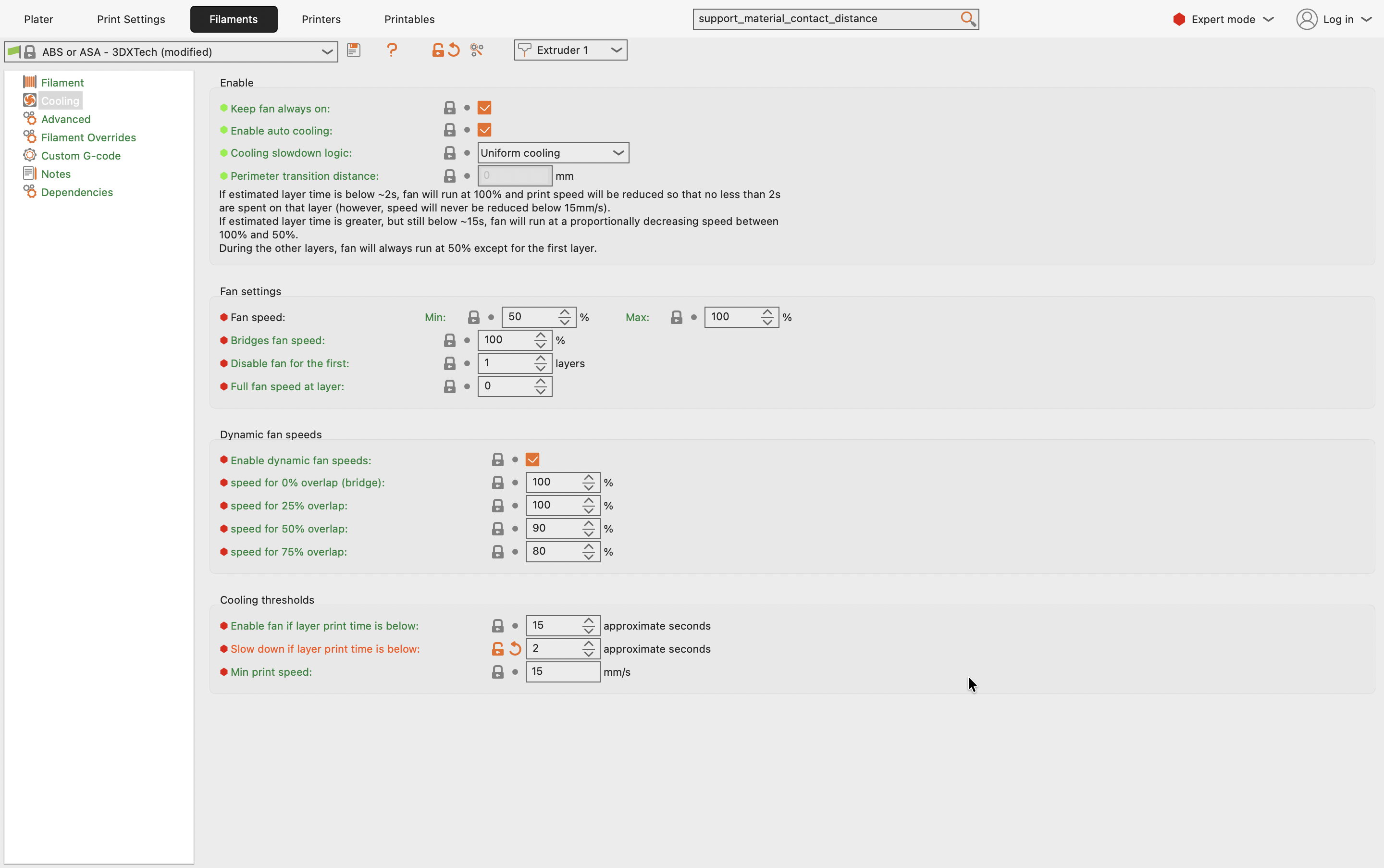 PrusaSlicer Cooling thresholds with Slow down if layer print time is below set to 2 seconds