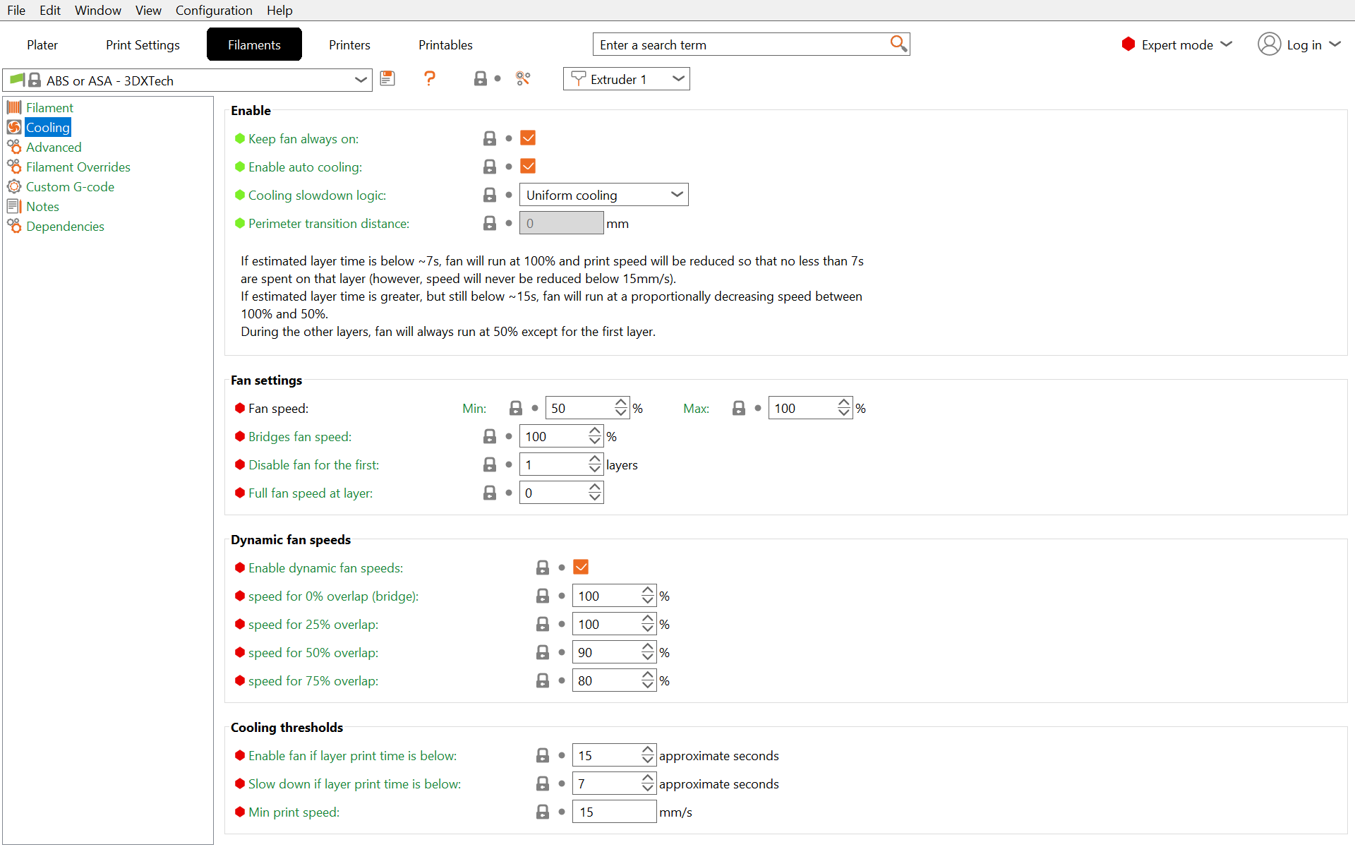 PrusaSlicer Filament Settings Cooling page with the Cooling thresholds section showing Slow down if layer print time is below and Min print speed