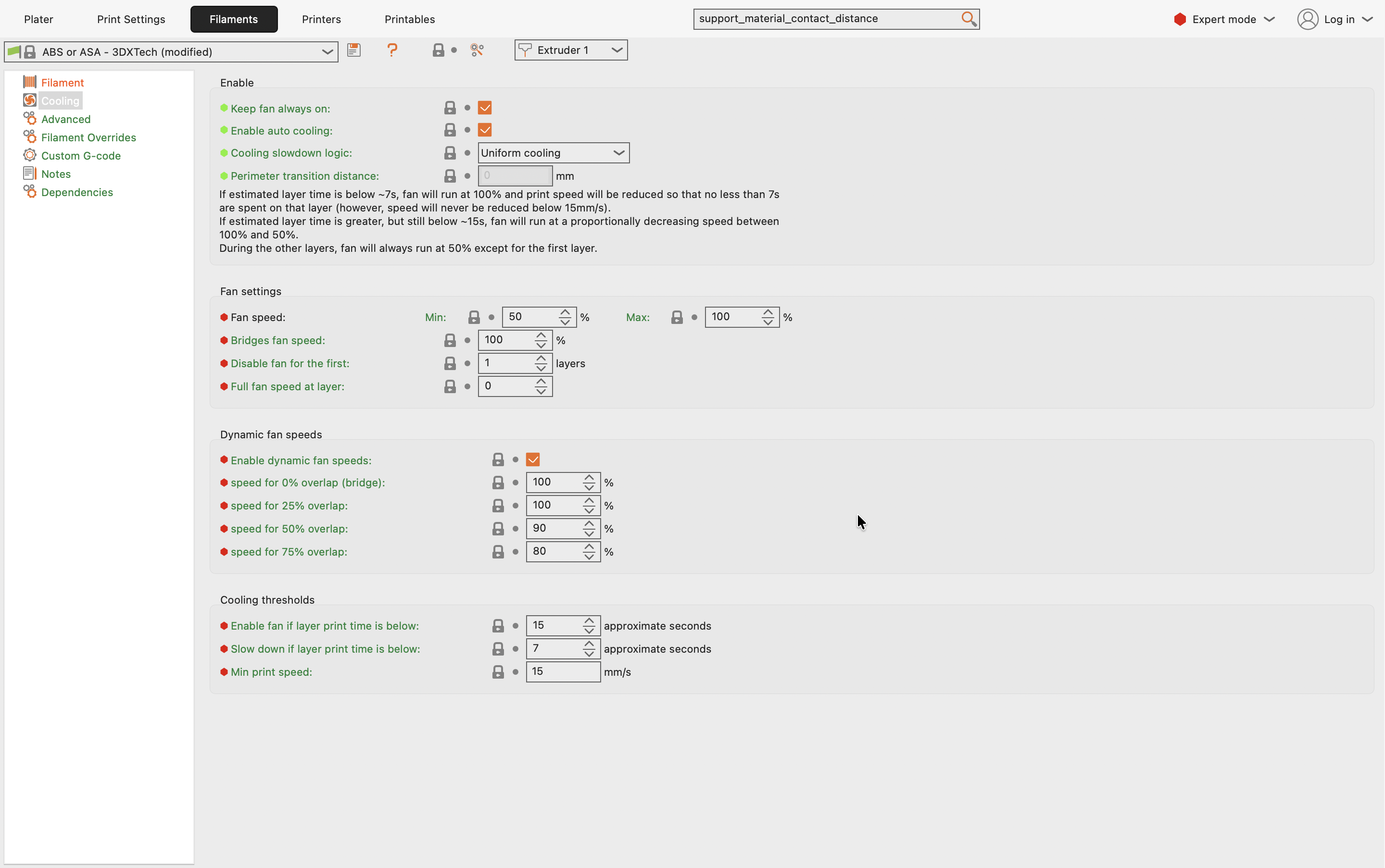 PrusaSlicer Cooling page with the Dynamic fan speeds section enabled and a fan speed set for each overhang overlap level