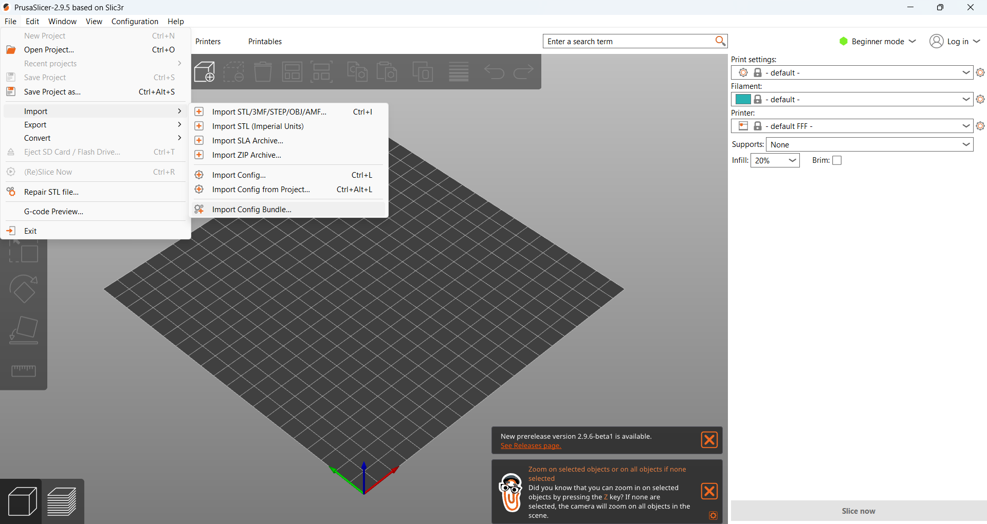 PrusaSlicer File menu with Import Config Bundle highlighted