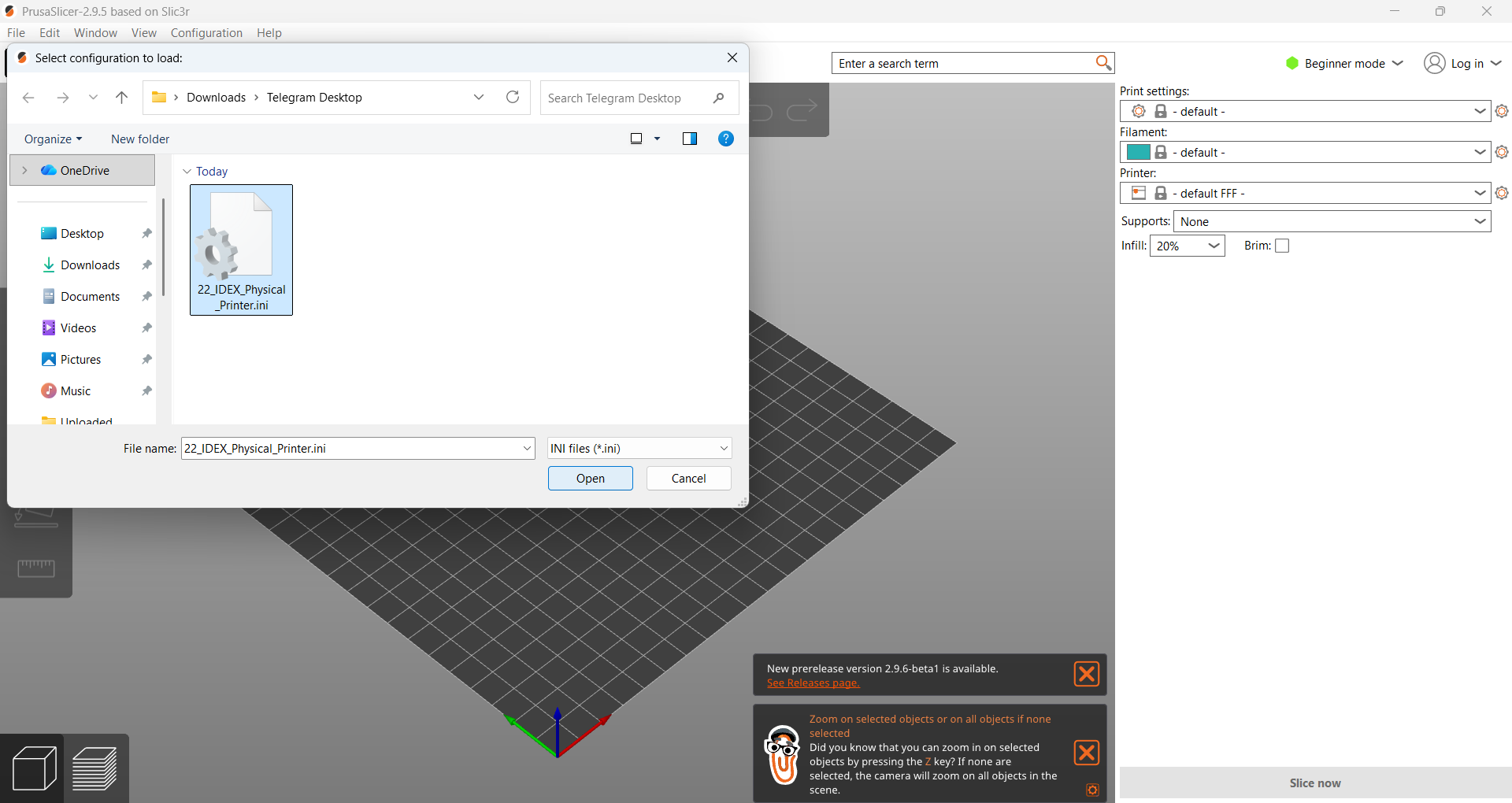File picker showing 22_IDEX_Physical_Printer.ini file selected