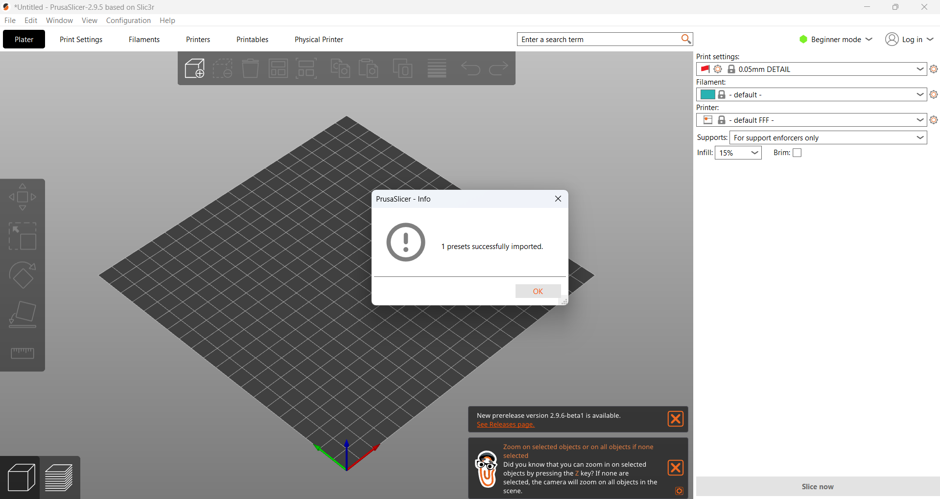 PrusaSlicer confirmation dialog showing 1 presets successfully imported