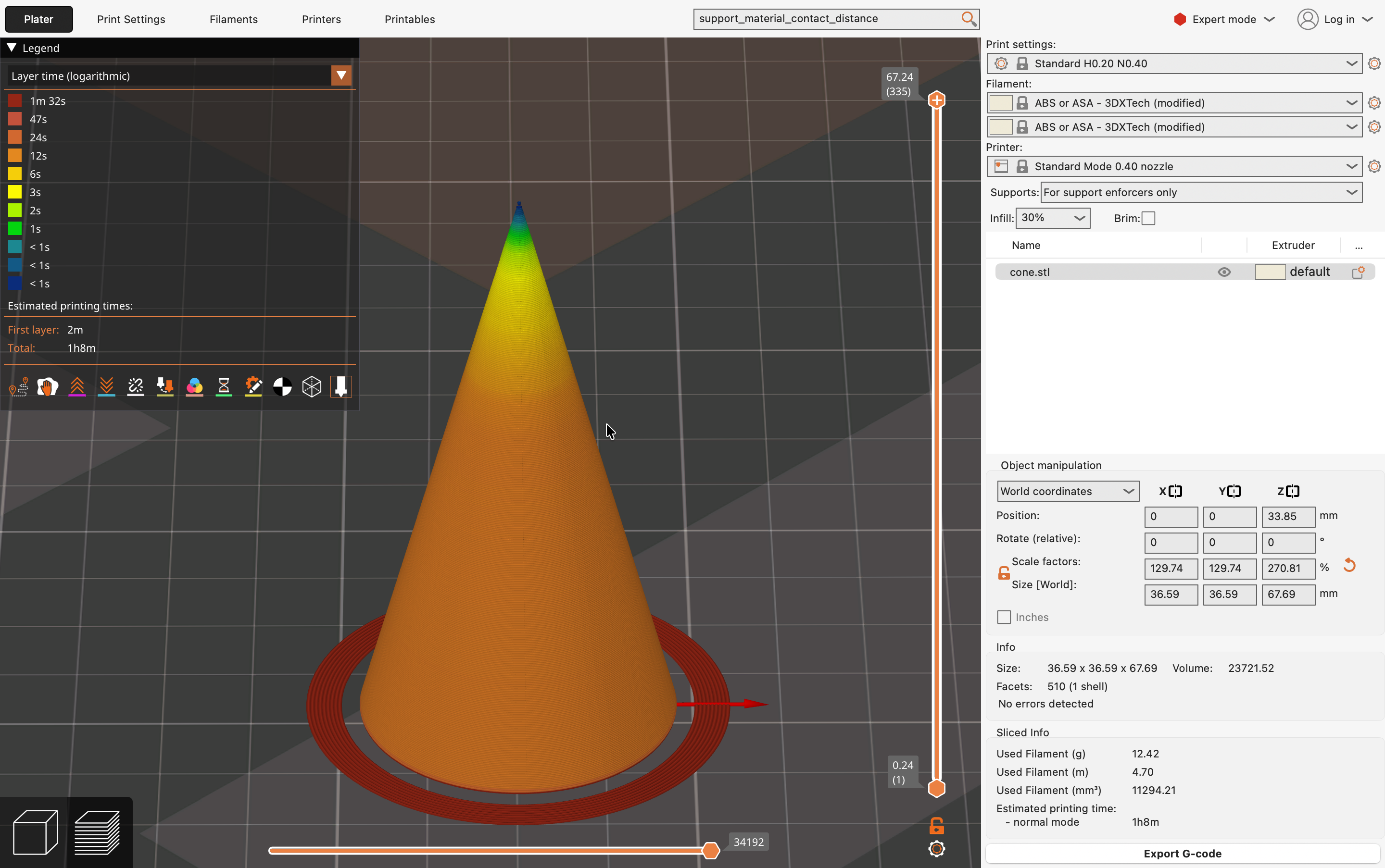 PrusaSlicer layer time preview of the cone at 15 seconds minimal layer time, total print time 1 hour 8 minutes