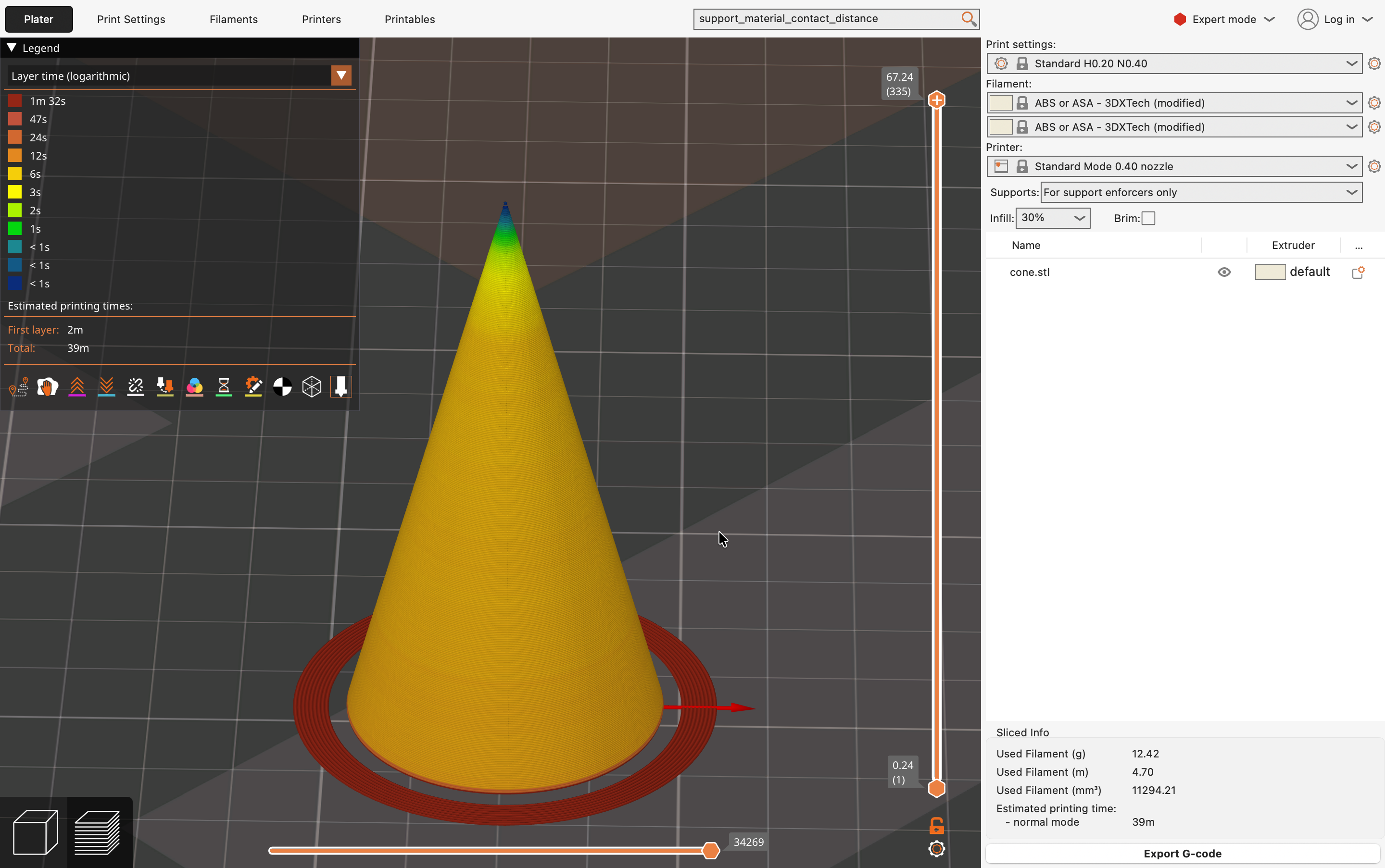 PrusaSlicer layer time preview of the cone at 2 seconds minimal layer time, total print time 39 minutes