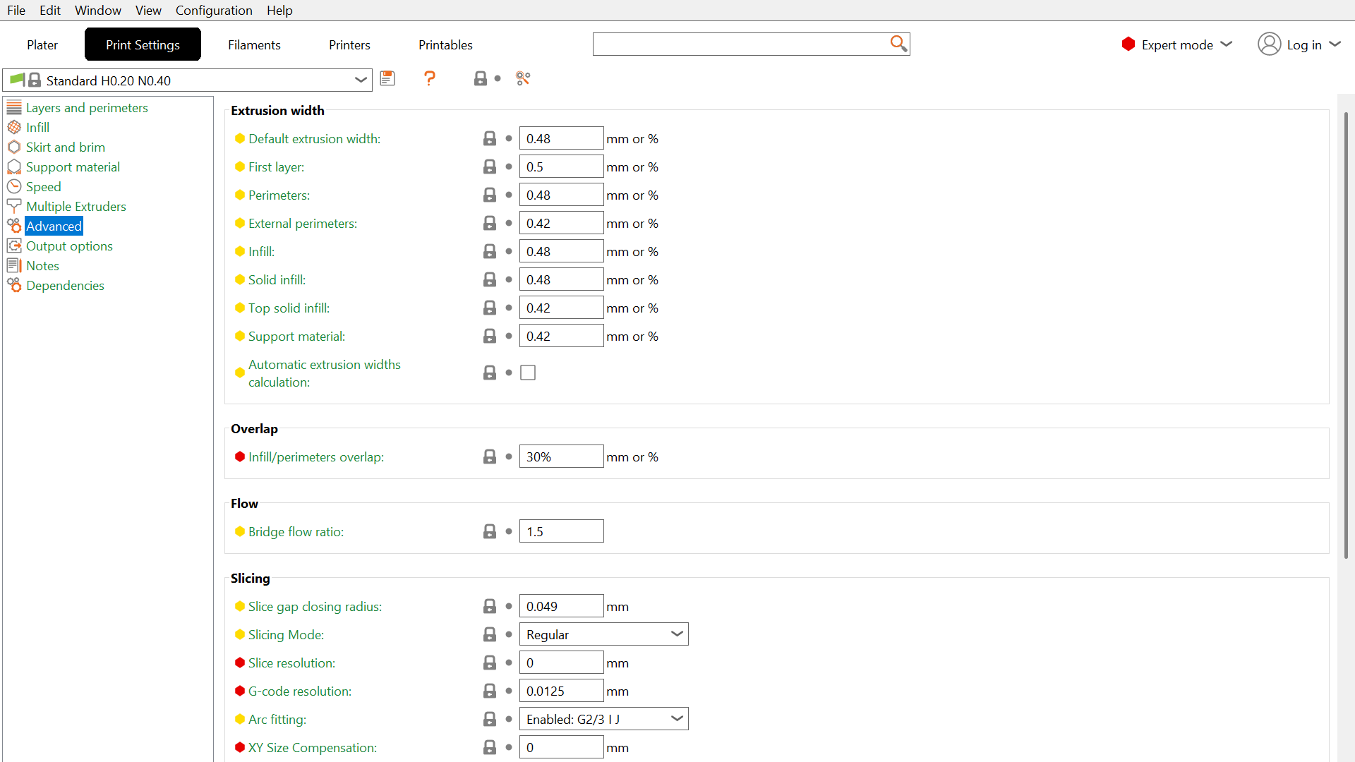 PrusaSlicer line width settings showing first layer and perimeter configurations