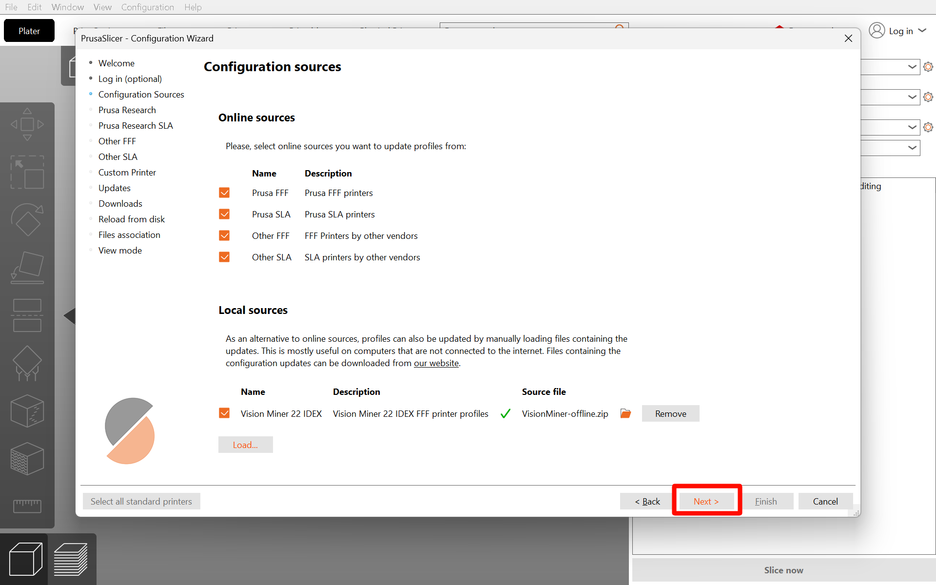 Configuration Wizard with Next button highlighted after loading the archive