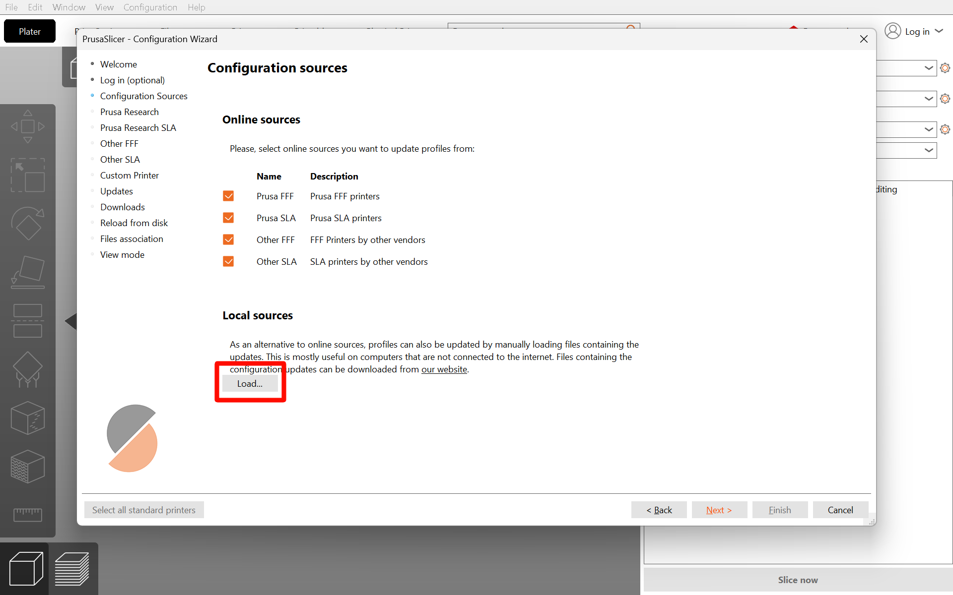 Configuration Sources page with Load or + button highlighted to add local archive on Windows