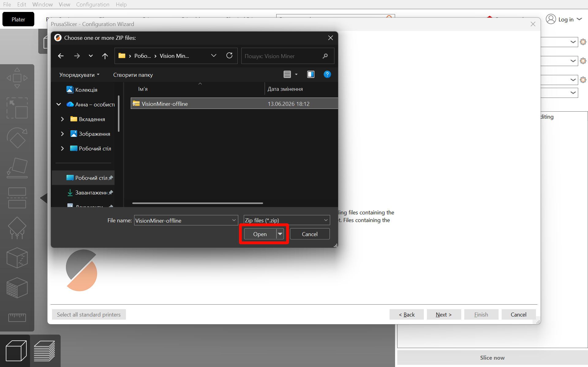 Windows file picker with Open button highlighted after selecting the archive