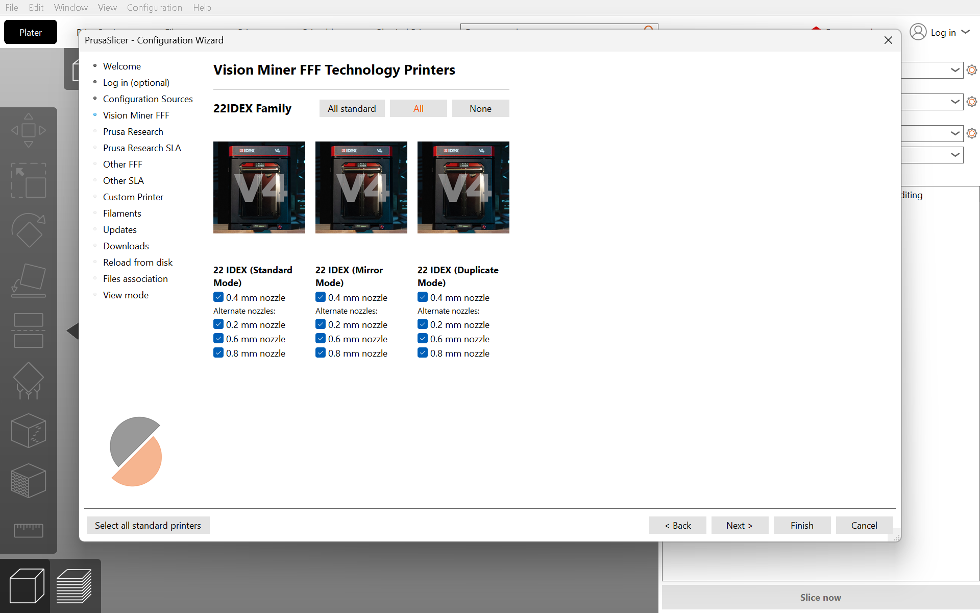 Configuration Wizard printer selection page with Vision Miner printers checked on Windows
