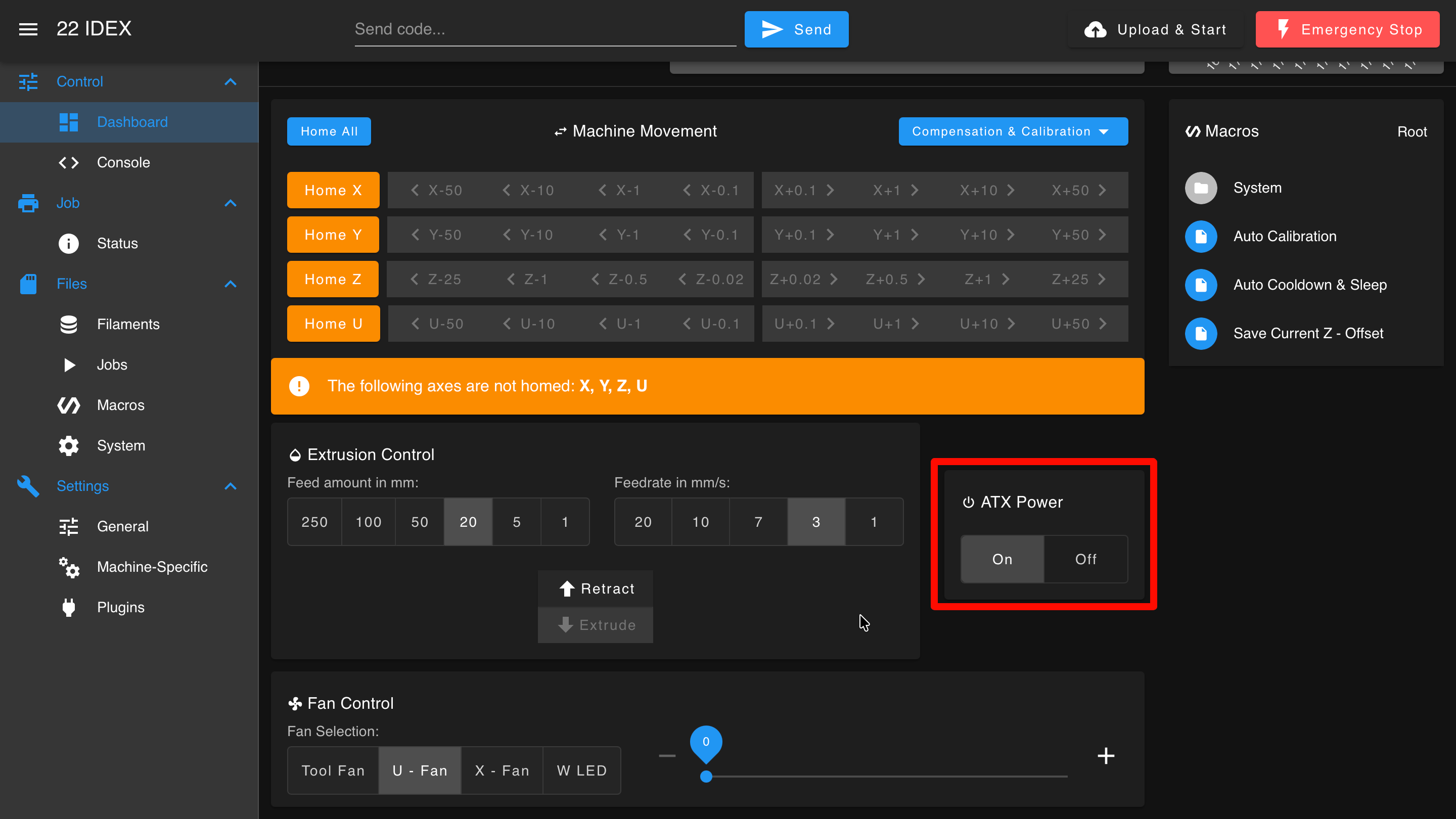 ATX Power control showing power on/off button and status