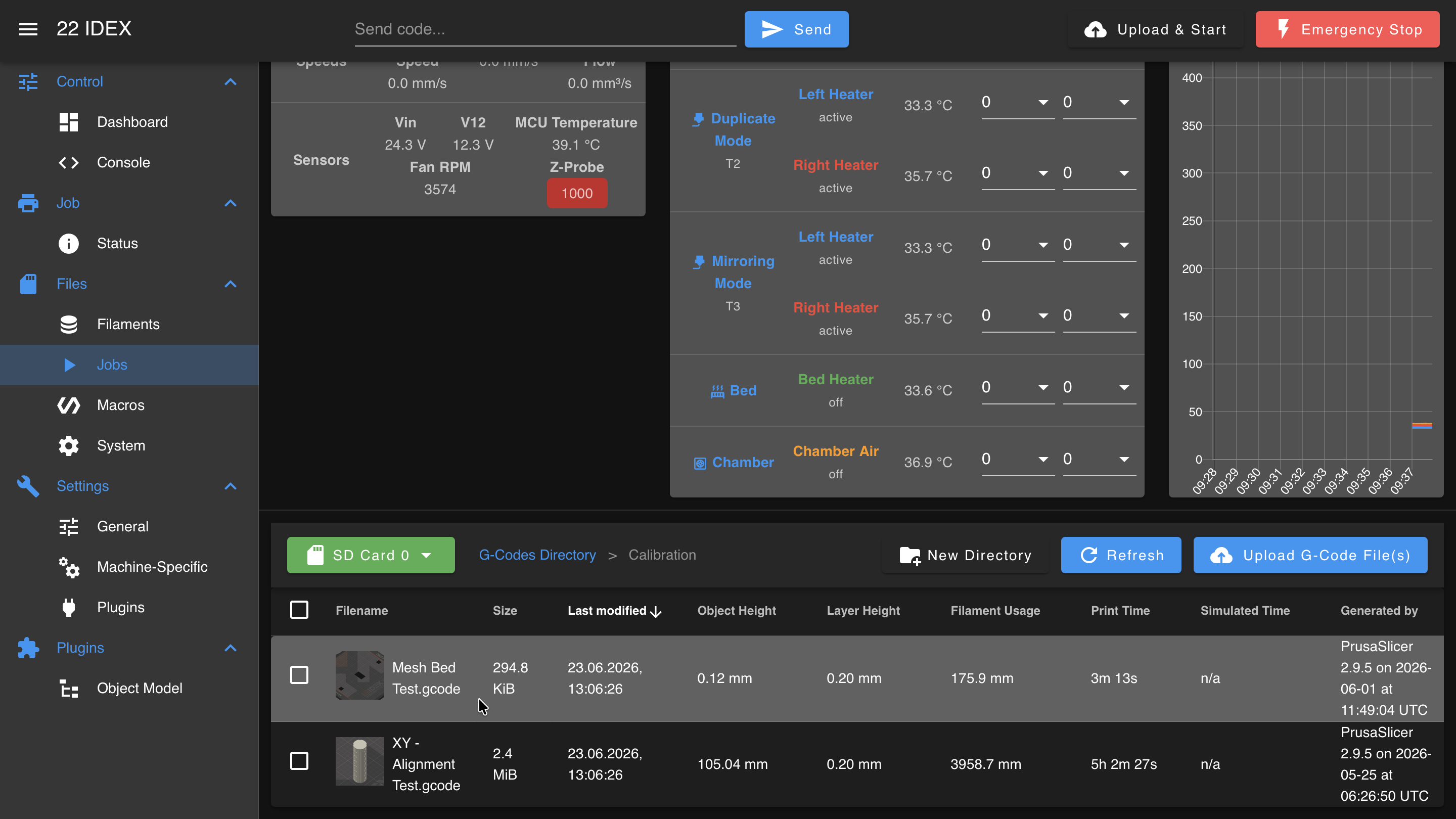 Web Interface Jobs tab showing Mesh Bed Test.gcode file in Slicer > Tests folder