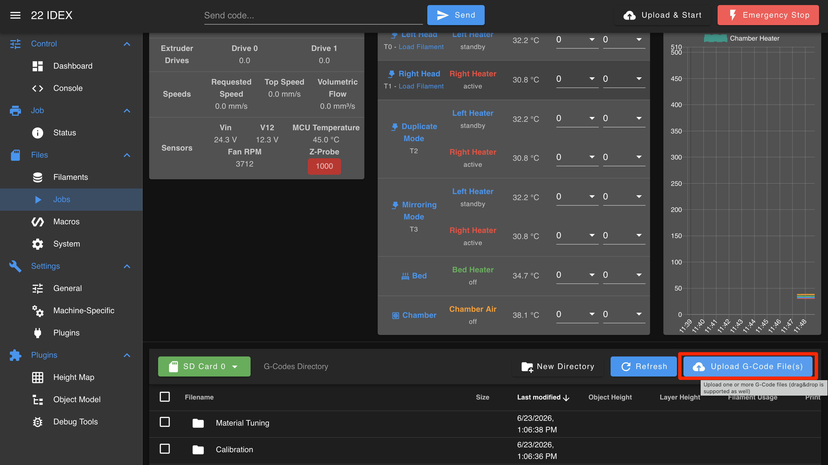 Web Interface Jobs tab with the Upload G-Code File(s) button highlighted