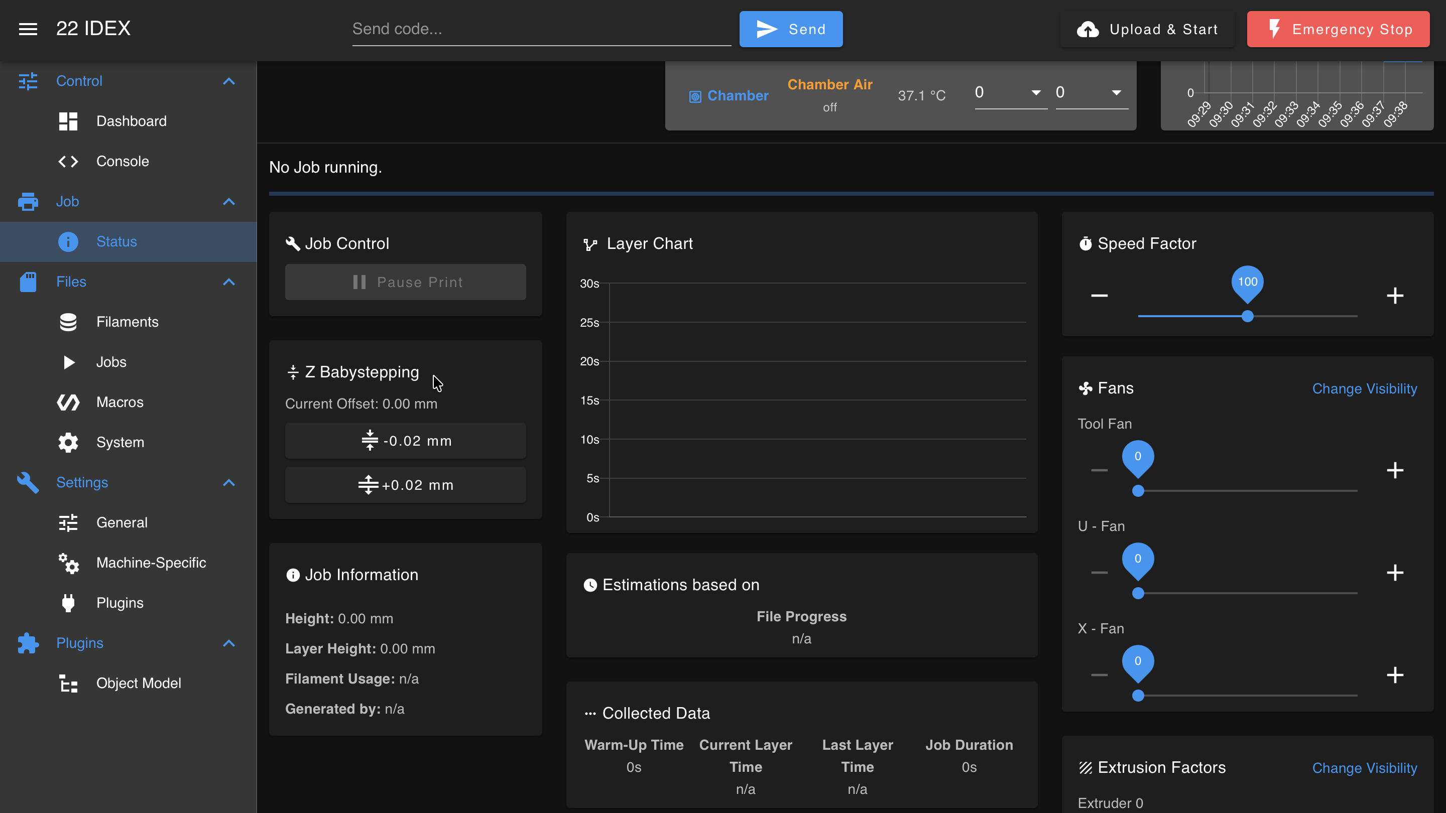 Web Interface Status tab showing Z Babystepping controls with +0.02 and -0.02 mm buttons