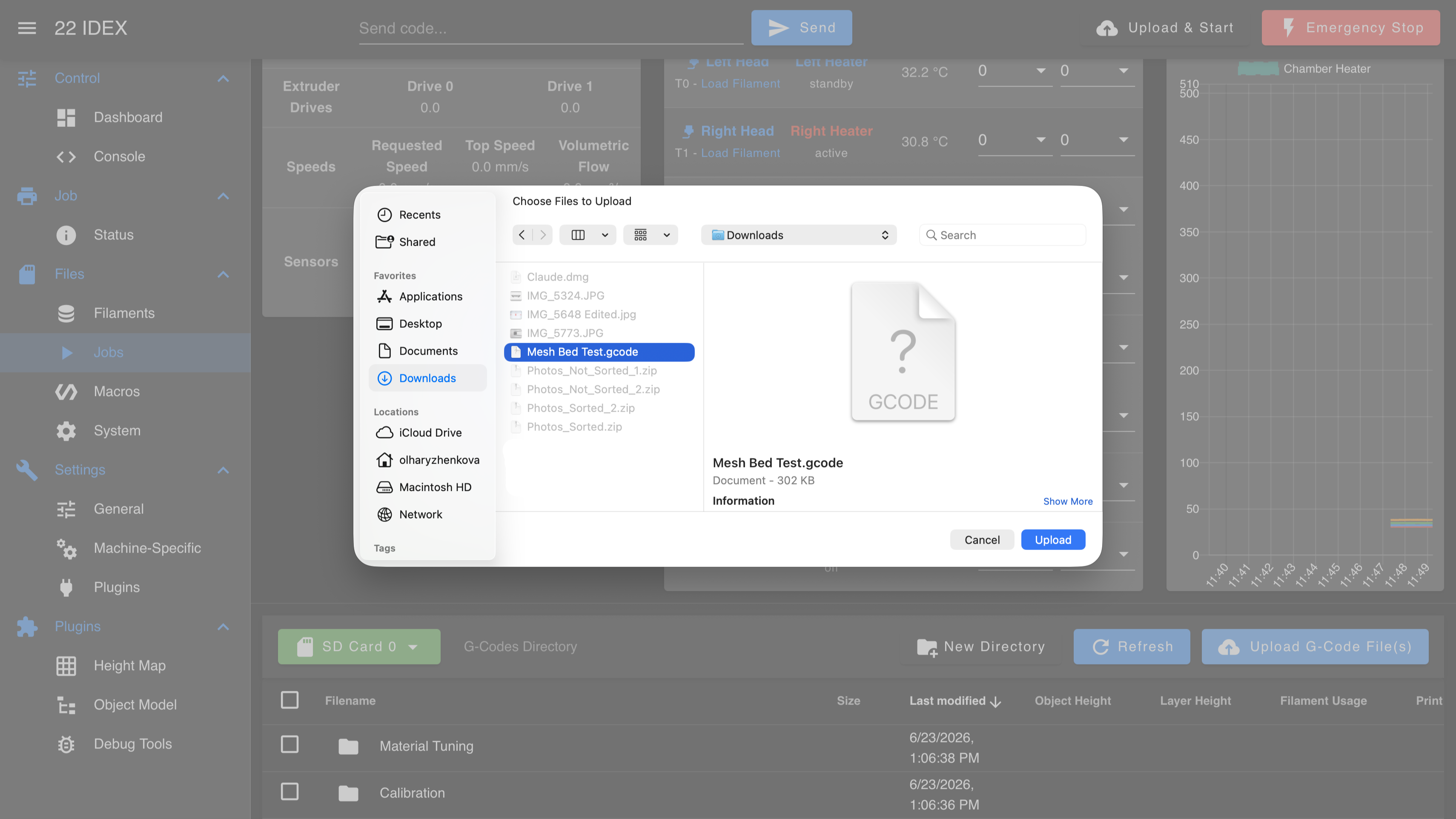 File picker with the Mesh Bed Test file selected, ready to upload to the Web Interface
