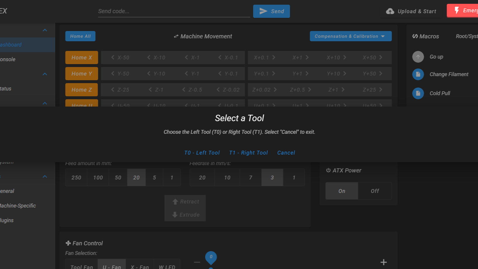 Cold Pull macro toolhead selection popup showing T0 and T1 options